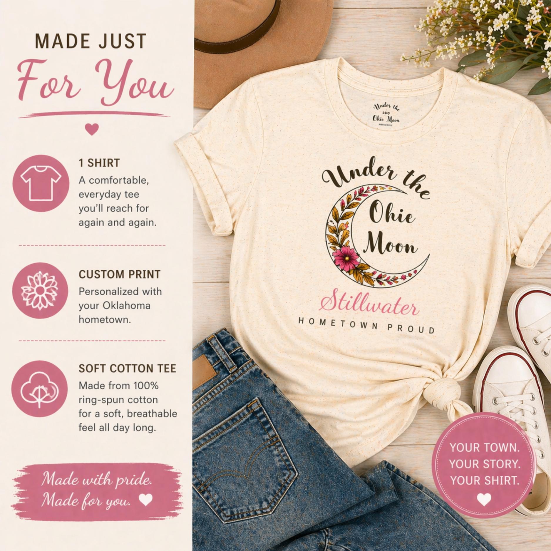 Oklahoma Personalized Tee, Custom Hometown Shirt, Okie Moon Graphic, Hometown Proud Gift