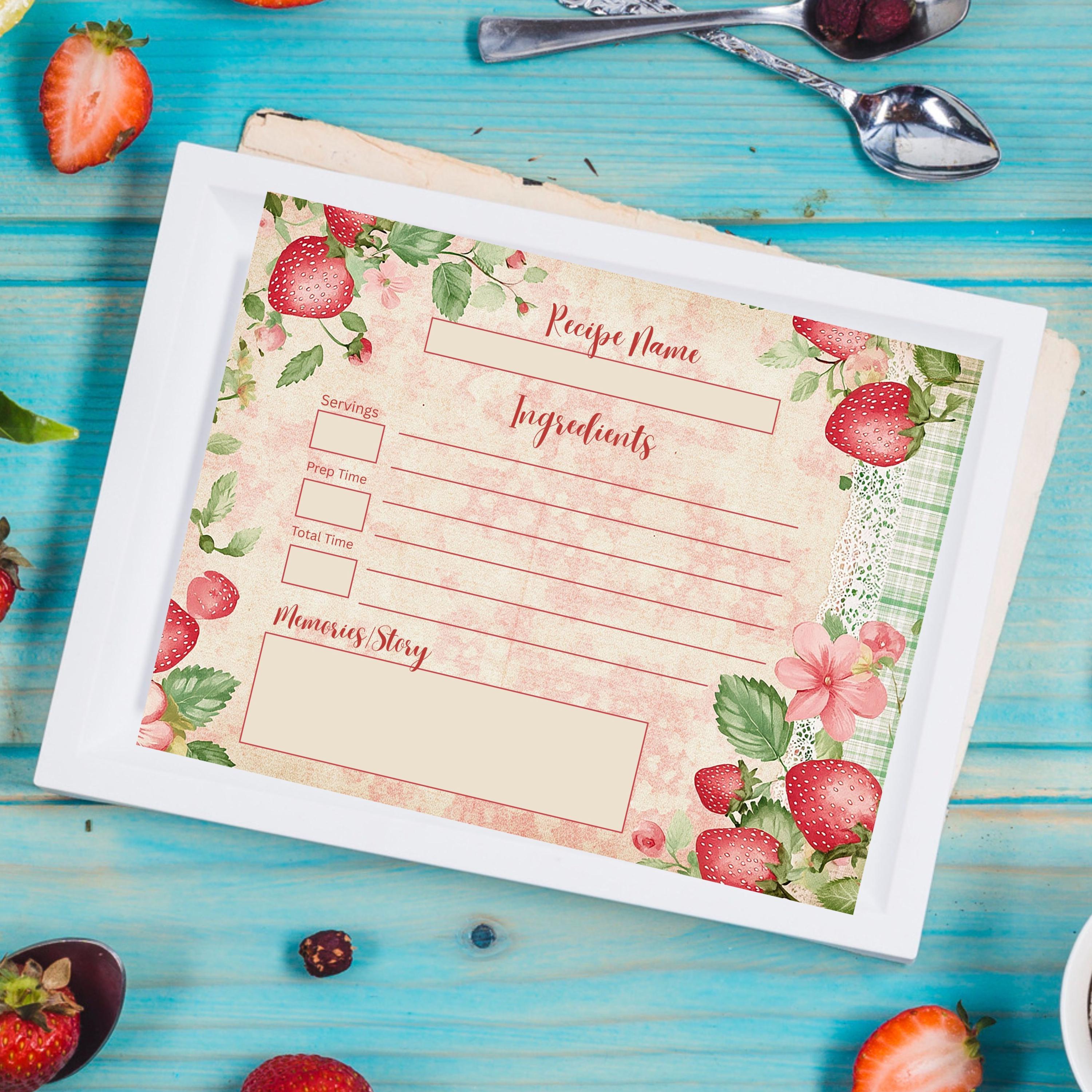 Strawberry Lane Recipe Cards: Printed Double Sided, Heirloom Baking Stationery Set, Botanical Print