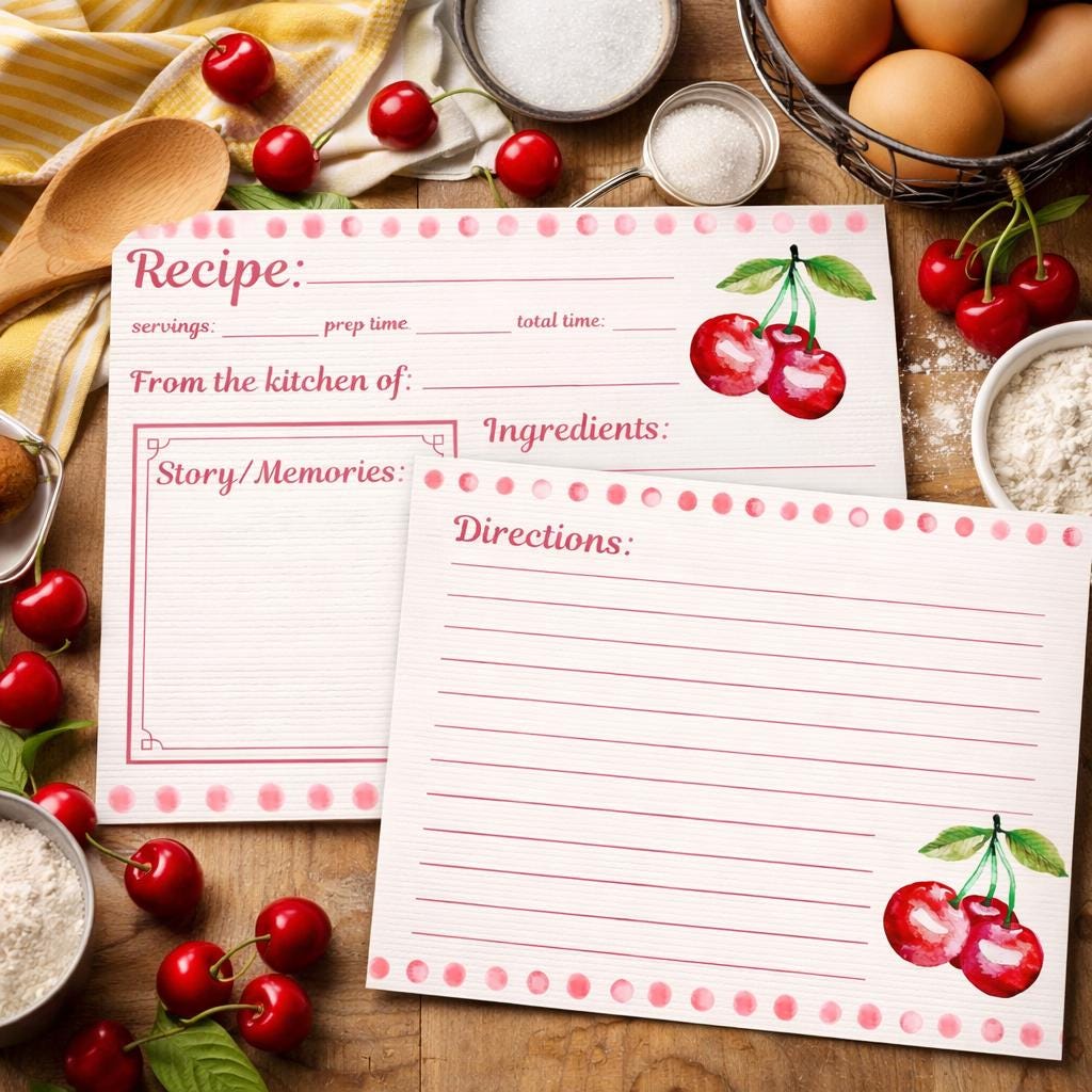 Cherry Recipe Cards Vintage Farmhouse Blank Double Sided Cottagecore Kitchen Set