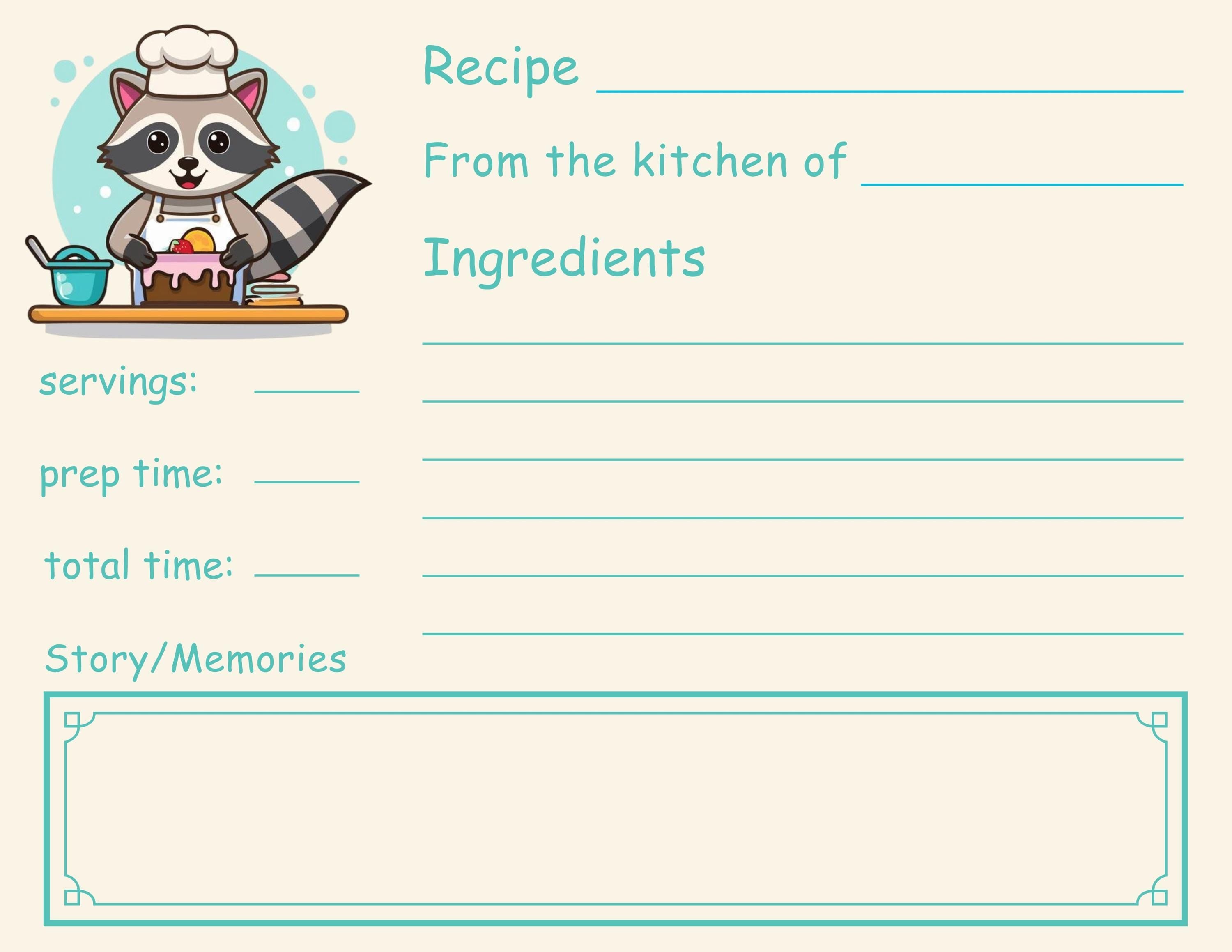 Raccoon Chef Printed Recipe Cards: Double Sided Woodland Baking Stationery Set, Animal Kitchen Decor