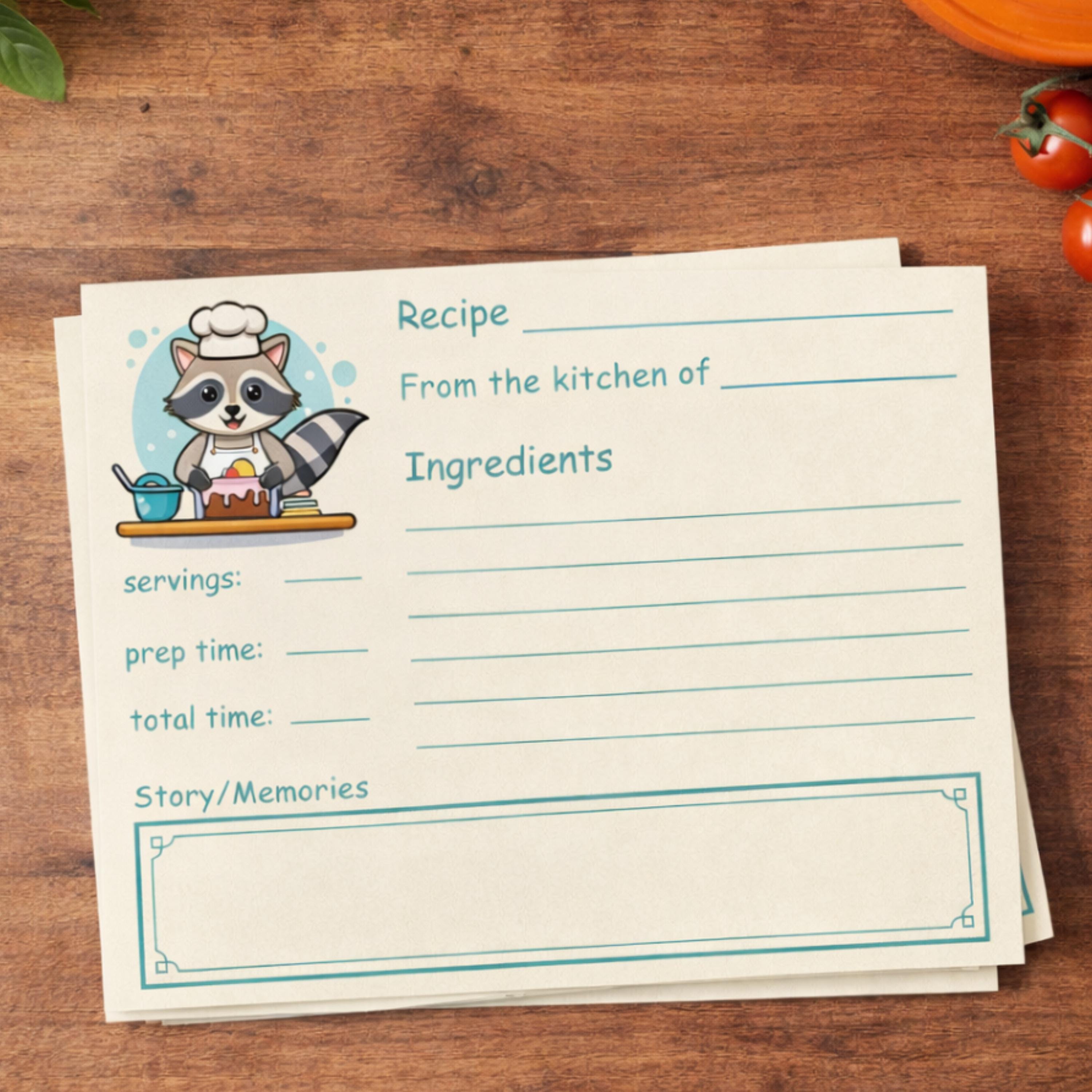 Raccoon Chef Printed Recipe Cards: Double Sided Woodland Baking Stationery Set, Animal Kitchen Decor