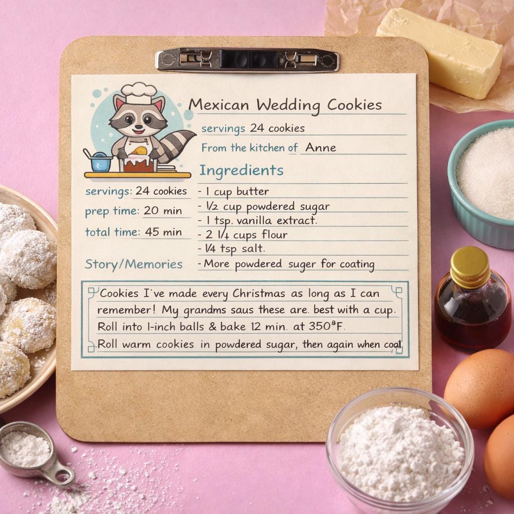 Raccoon Chef Printed Recipe Cards: Double Sided Woodland Baking Stationery Set, Animal Kitchen Decor