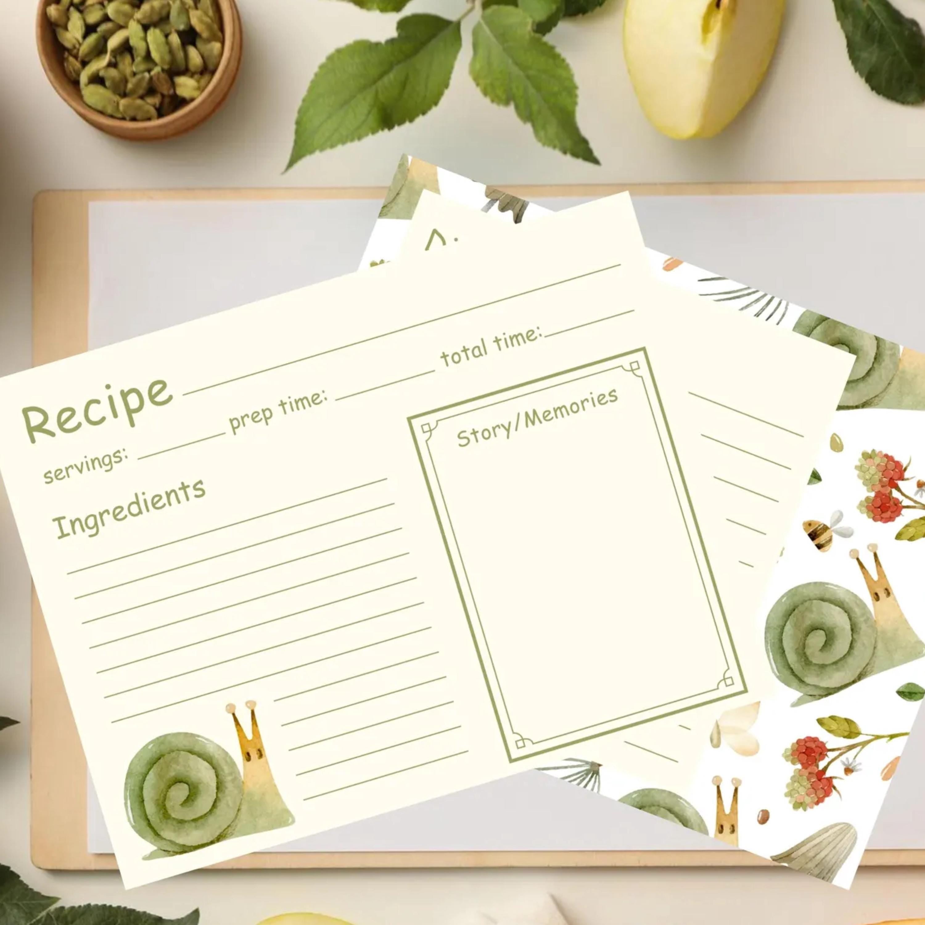 Whimsical Snail Recipe Cards: Garden Kitchen Gift, Cottagecore Decor
