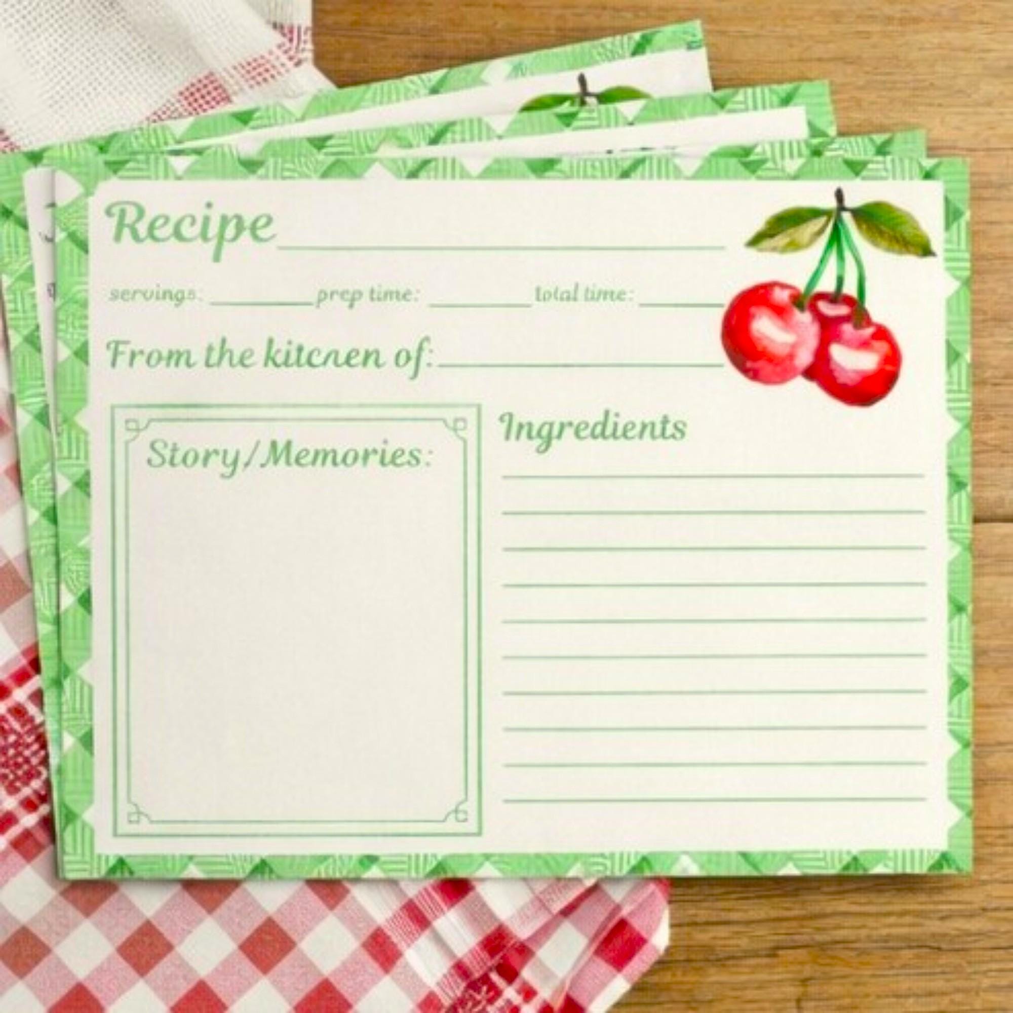 Watercolor Cherry Recipe Cards, Retro Fruit Kitchen Stationery Set, Printed Cottagecore Double Sided