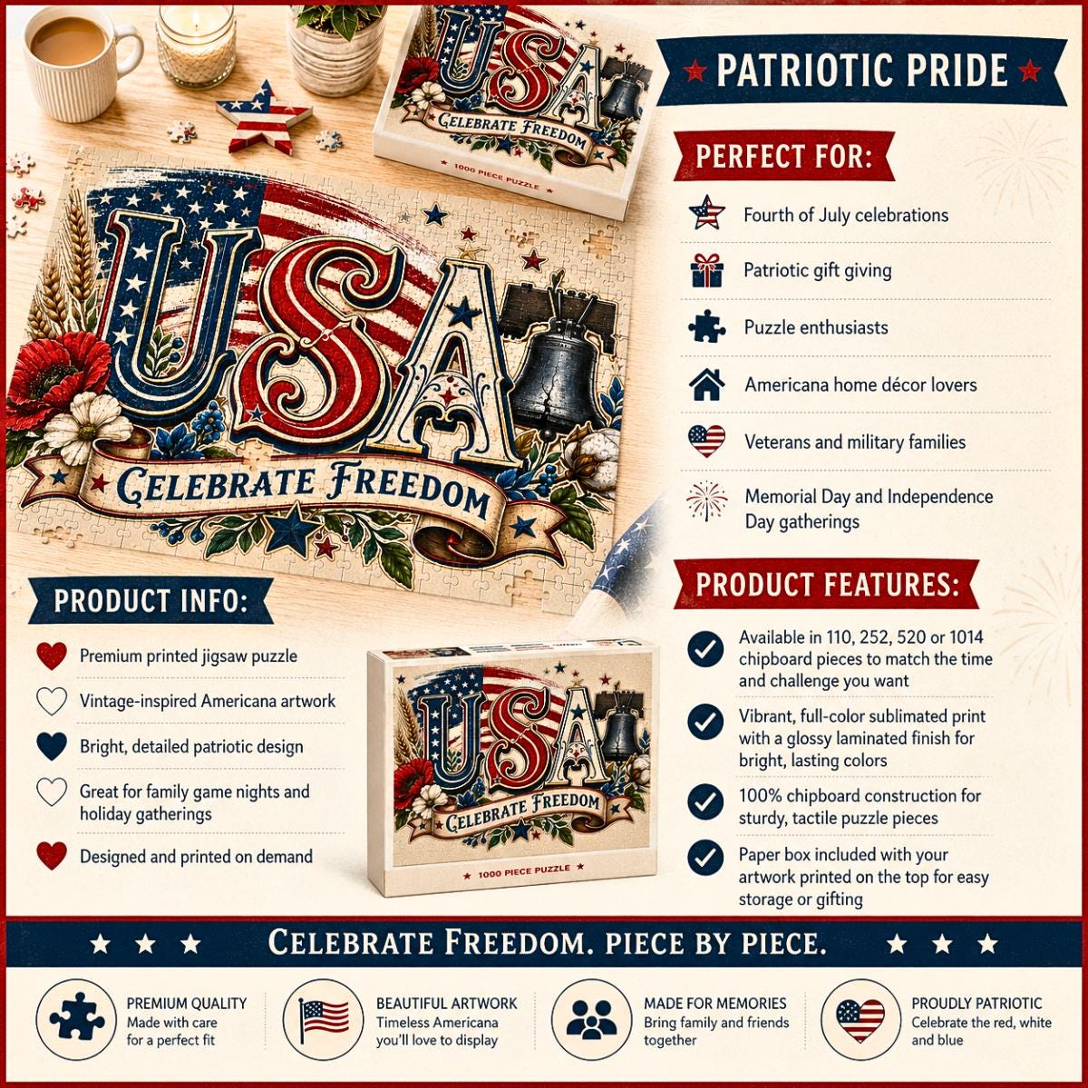 USA 250 Patriotic Puzzle, American Flag Jigsaw, Fourth of July Gift, Americana Decor