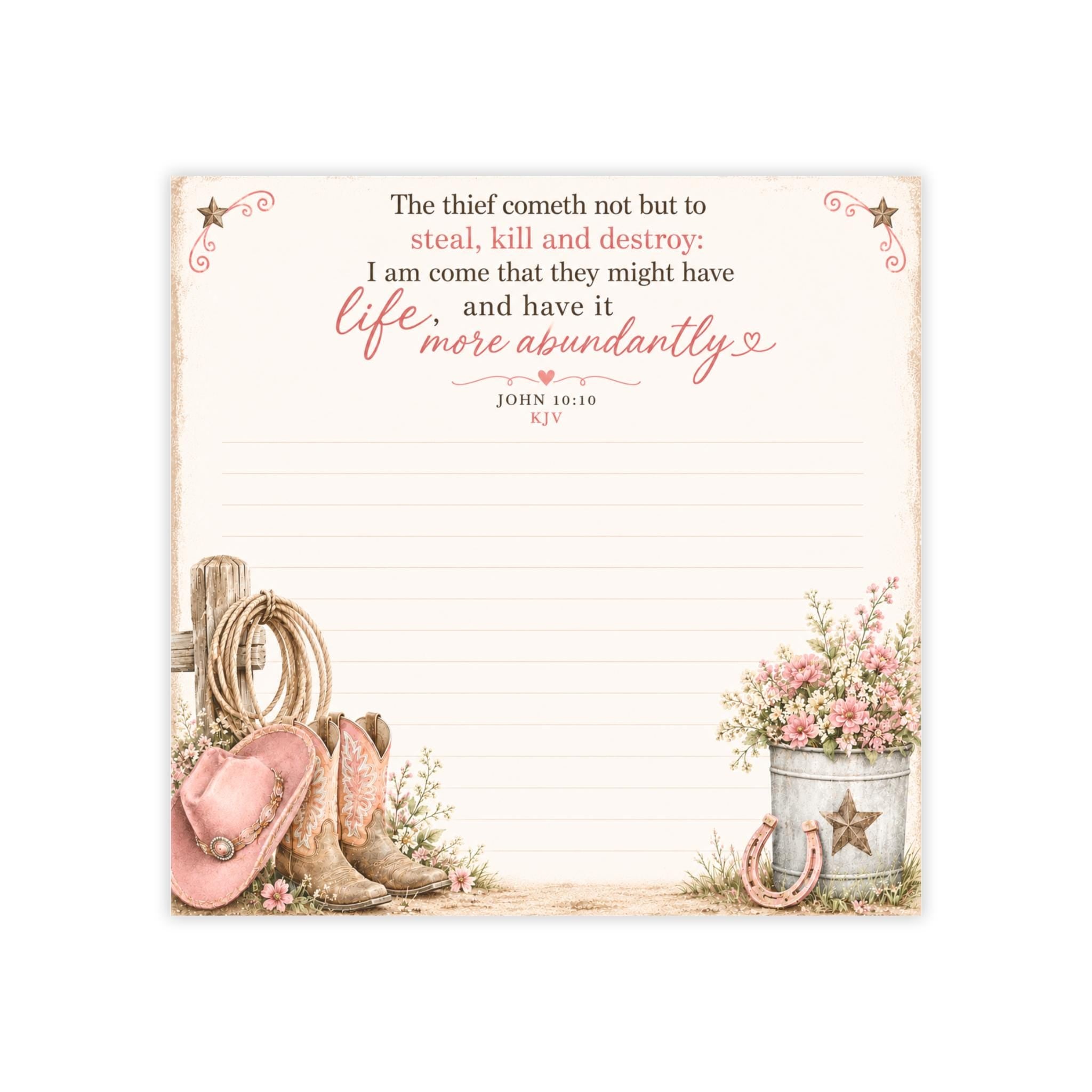 Faith Cowgirl Sticky Notes, Post-it Note Pad,  Life More Abundantly Inspirational Bible Verse Stationery