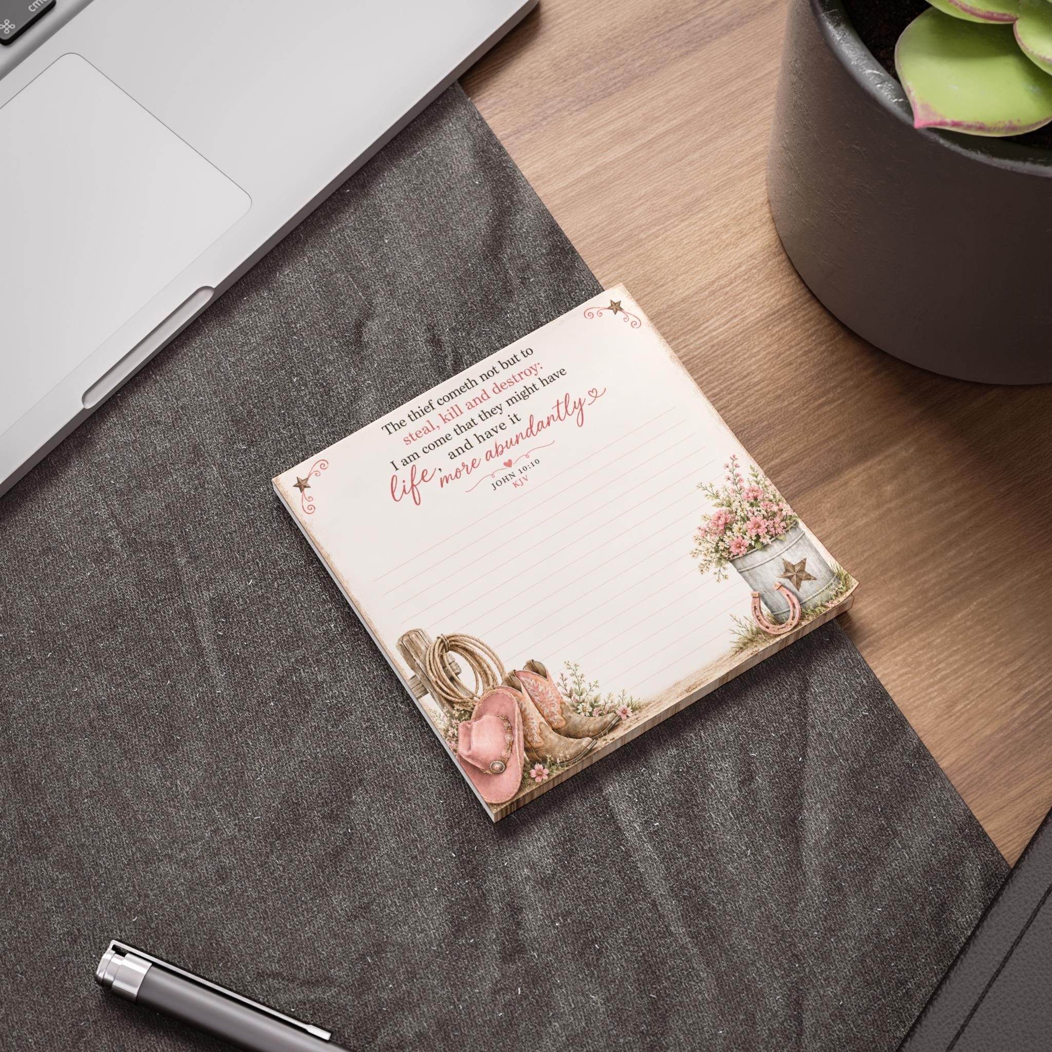 Faith Cowgirl Sticky Notes, Post-it Note Pad,  Life More Abundantly Inspirational Bible Verse Stationery