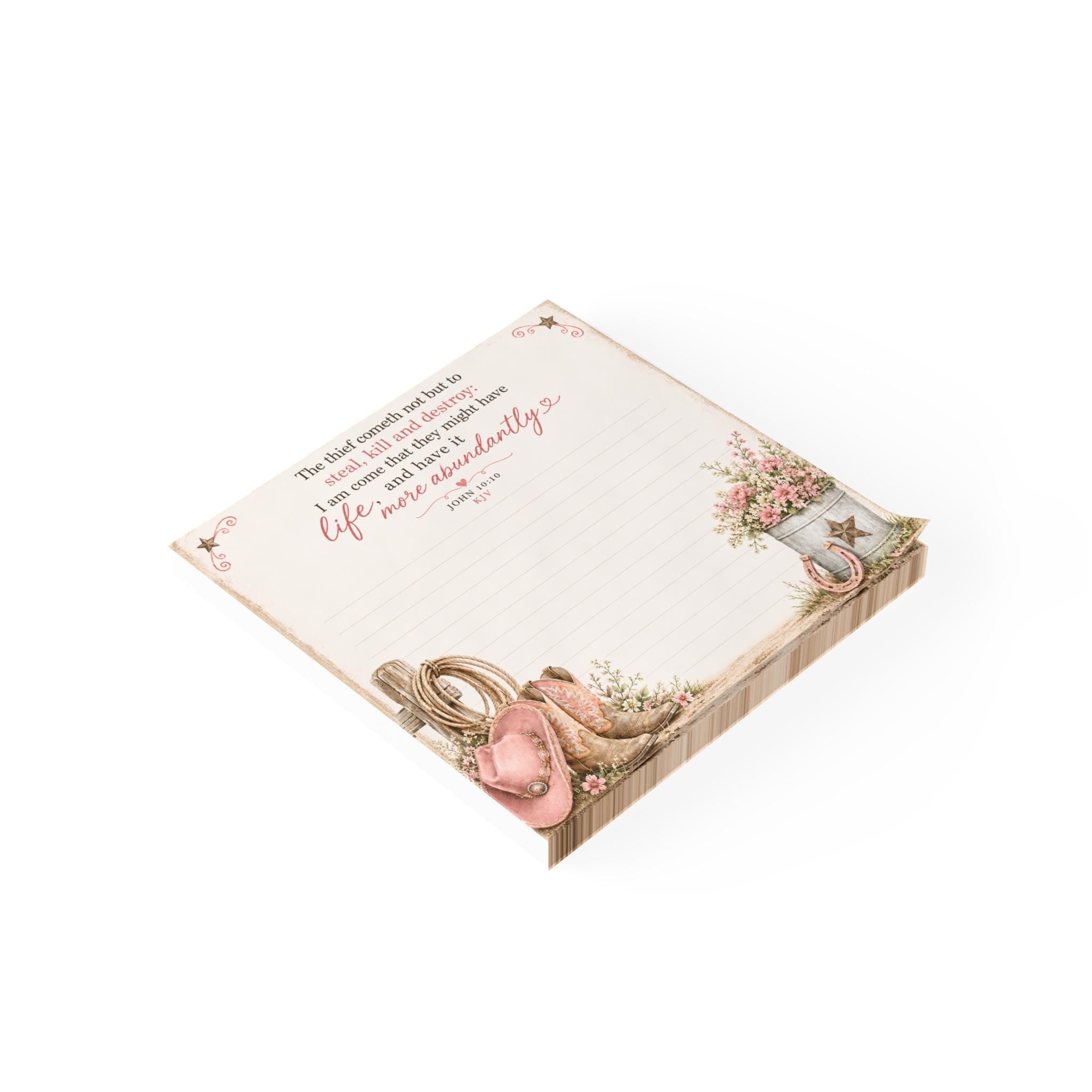 Faith Cowgirl Sticky Notes, Post-it Note Pad,  Life More Abundantly Inspirational Bible Verse Stationery