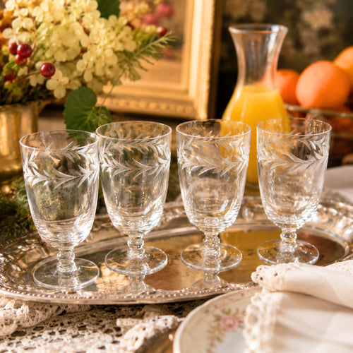 Fostoria Holly Vintage Crystal Small Juice Glasses Set of 4 Etched Clear Goblets 5oz