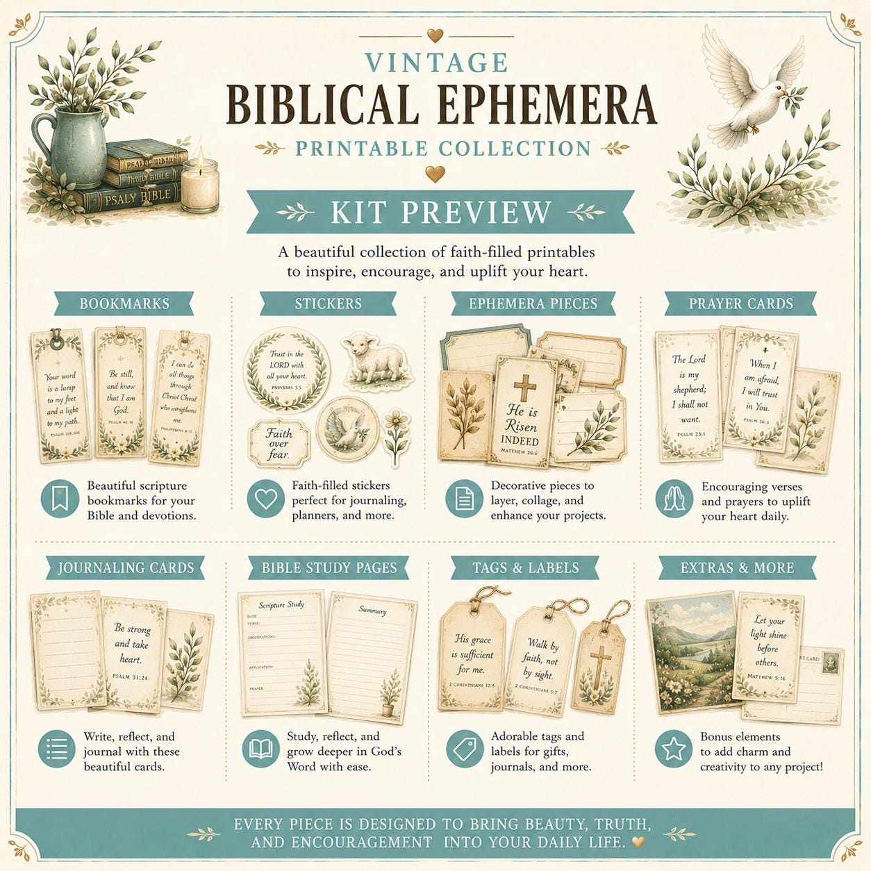 Christian Junk Journal Kit Prayer Cards Bible Journaling Scripture Verse Ephemera Printables Digital Download