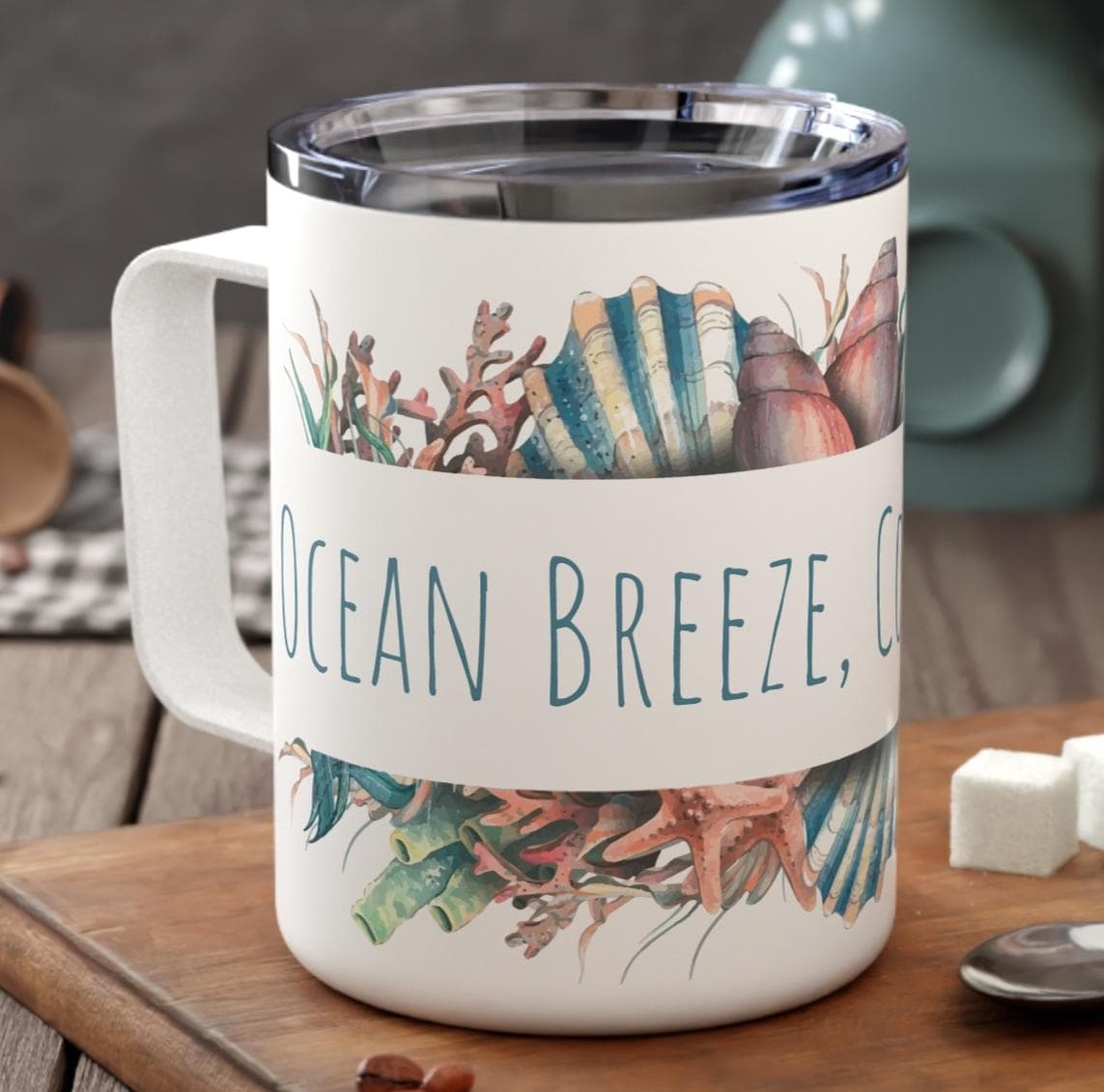 Ocean Breeze Coffee Please Insulated Coffee Mug | 10oz, Coastal Cottagecore Vintage