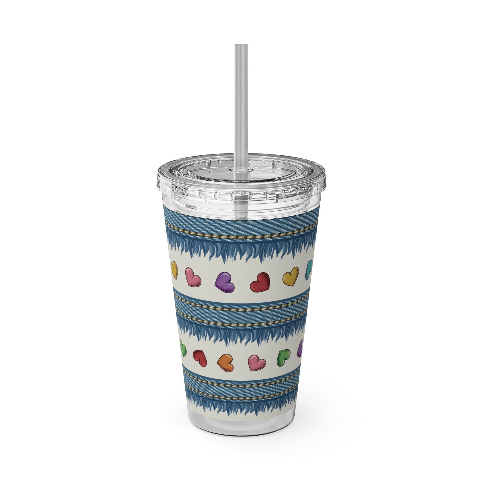 Denim Hearts Sunsplash Tumbler with Straw 16oz, Summer Acrylic Water Cup