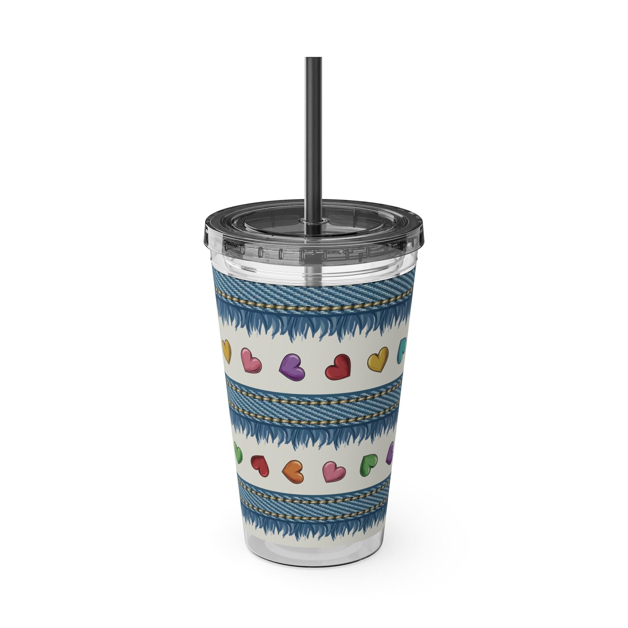 Denim Hearts Sunsplash Tumbler with Straw 16oz, Summer Acrylic Water Cup