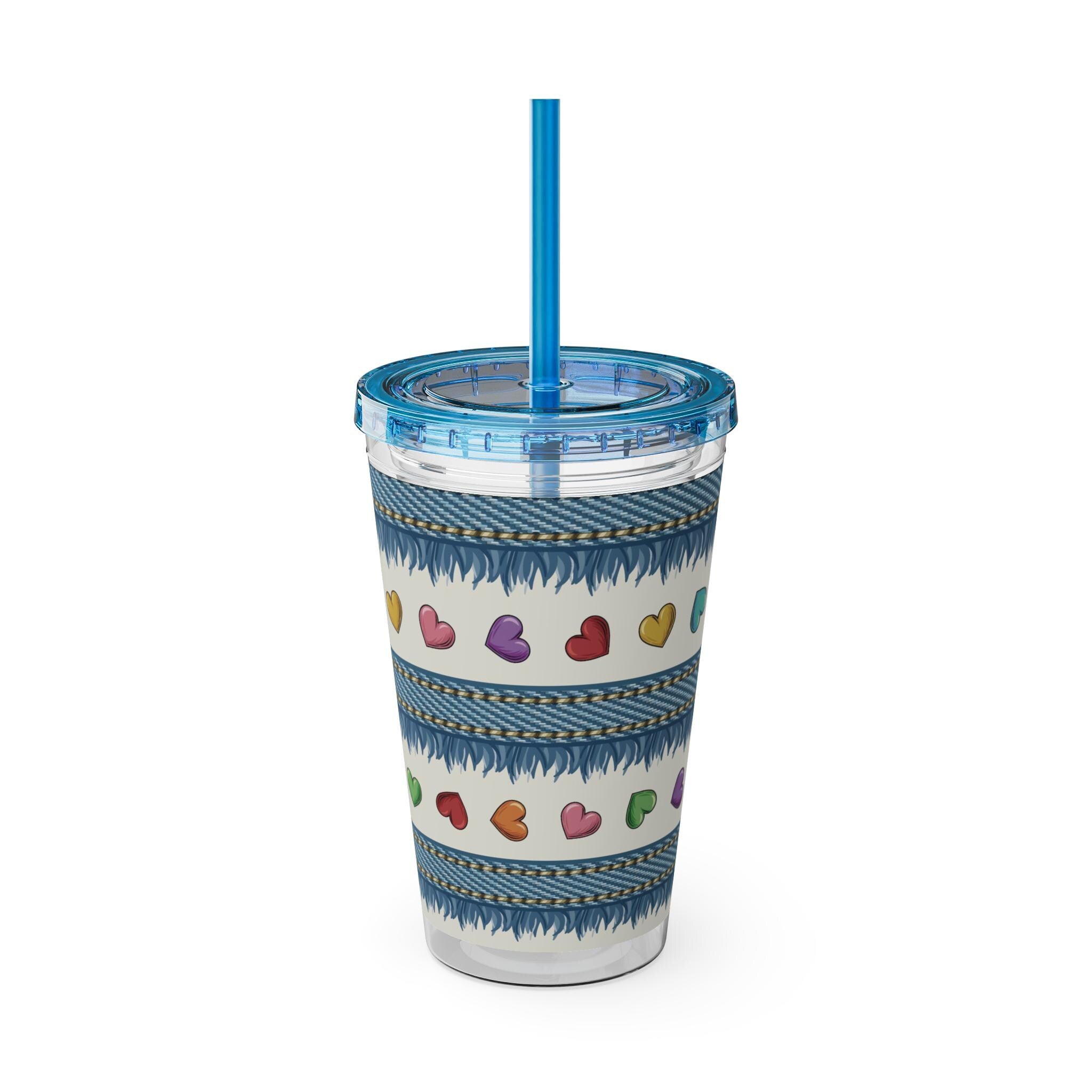 Denim Hearts Sunsplash Tumbler with Straw 16oz, Summer Acrylic Water Cup