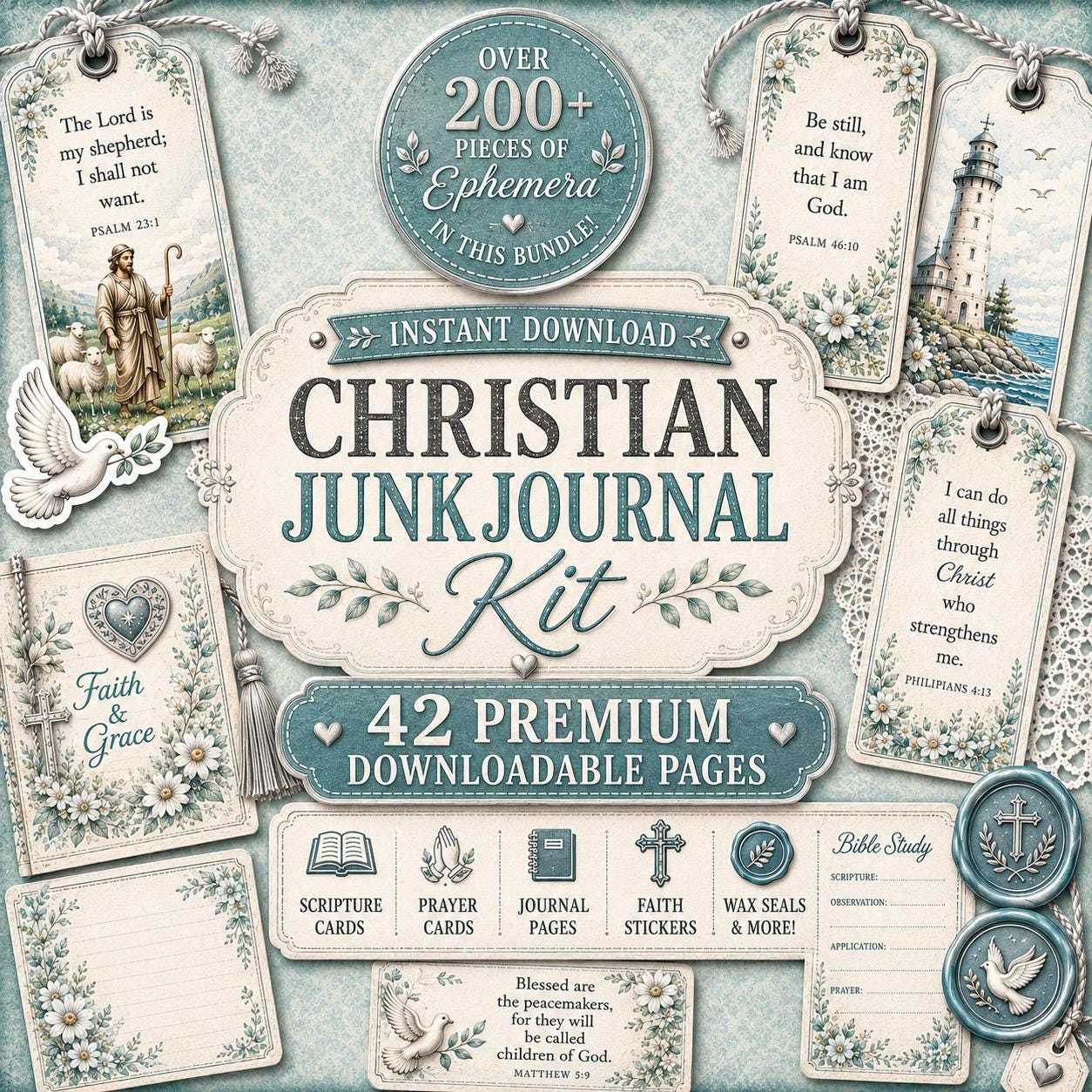 Christian Junk Journal Kit Prayer Cards Bible Journaling Scripture Verse Ephemera Printables Digital Download