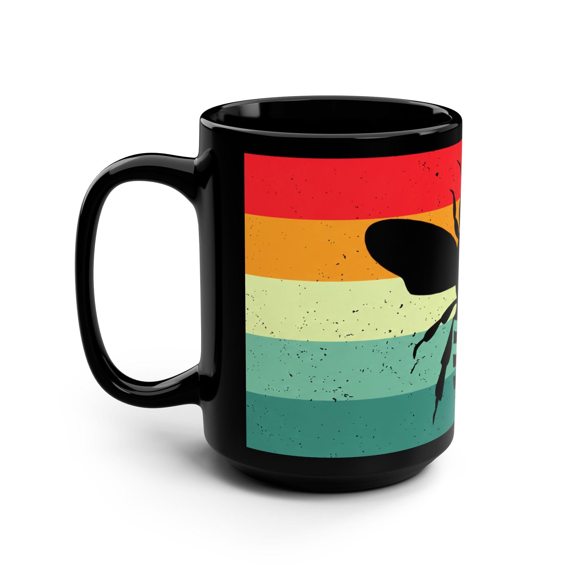 Retro Bee Silhouette Mug, 15oz Black Ceramic Coffee Cup, Vintage Stripes, Gift for Men