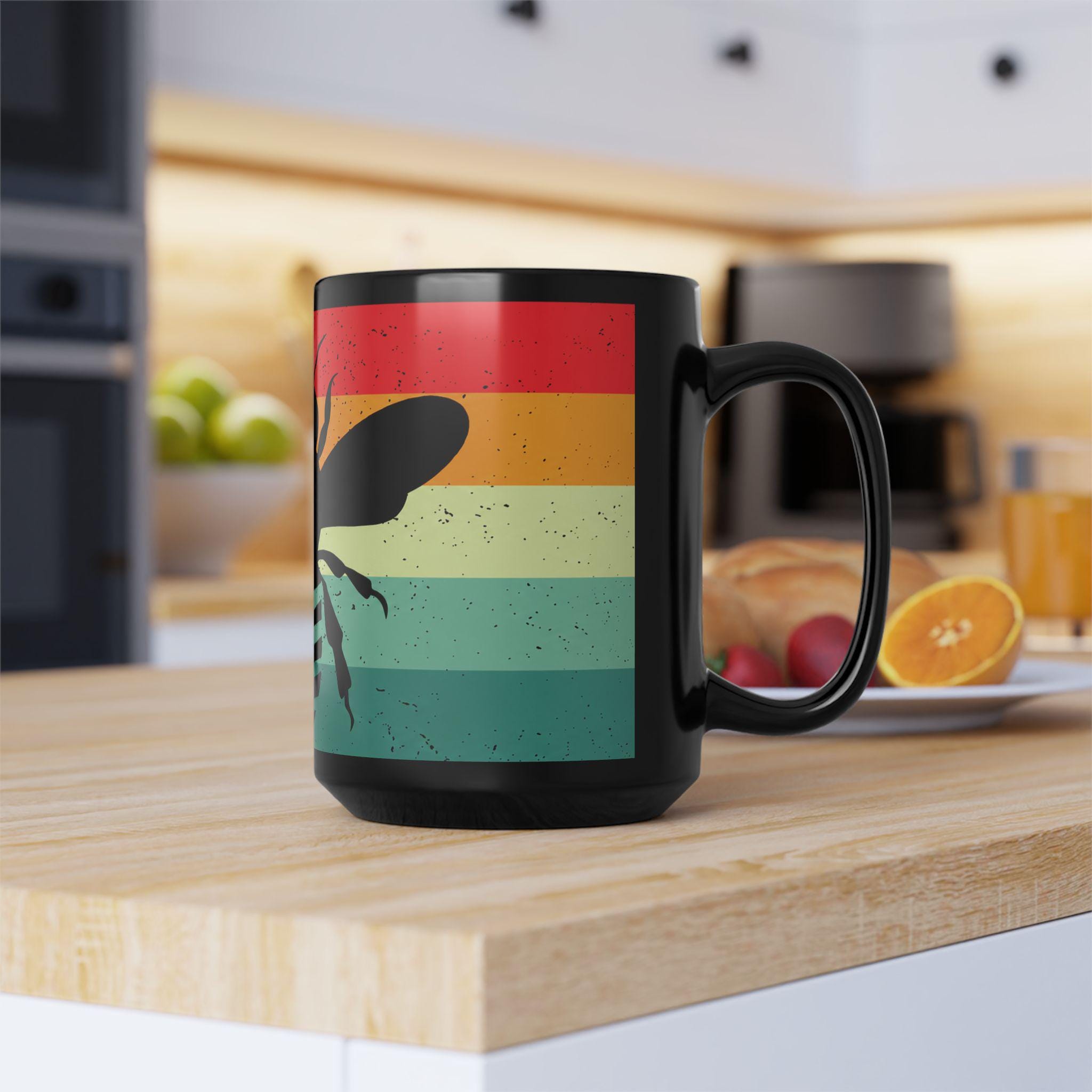 Retro Bee Silhouette Mug, 15oz Black Ceramic Coffee Cup, Vintage Stripes, Gift for Men