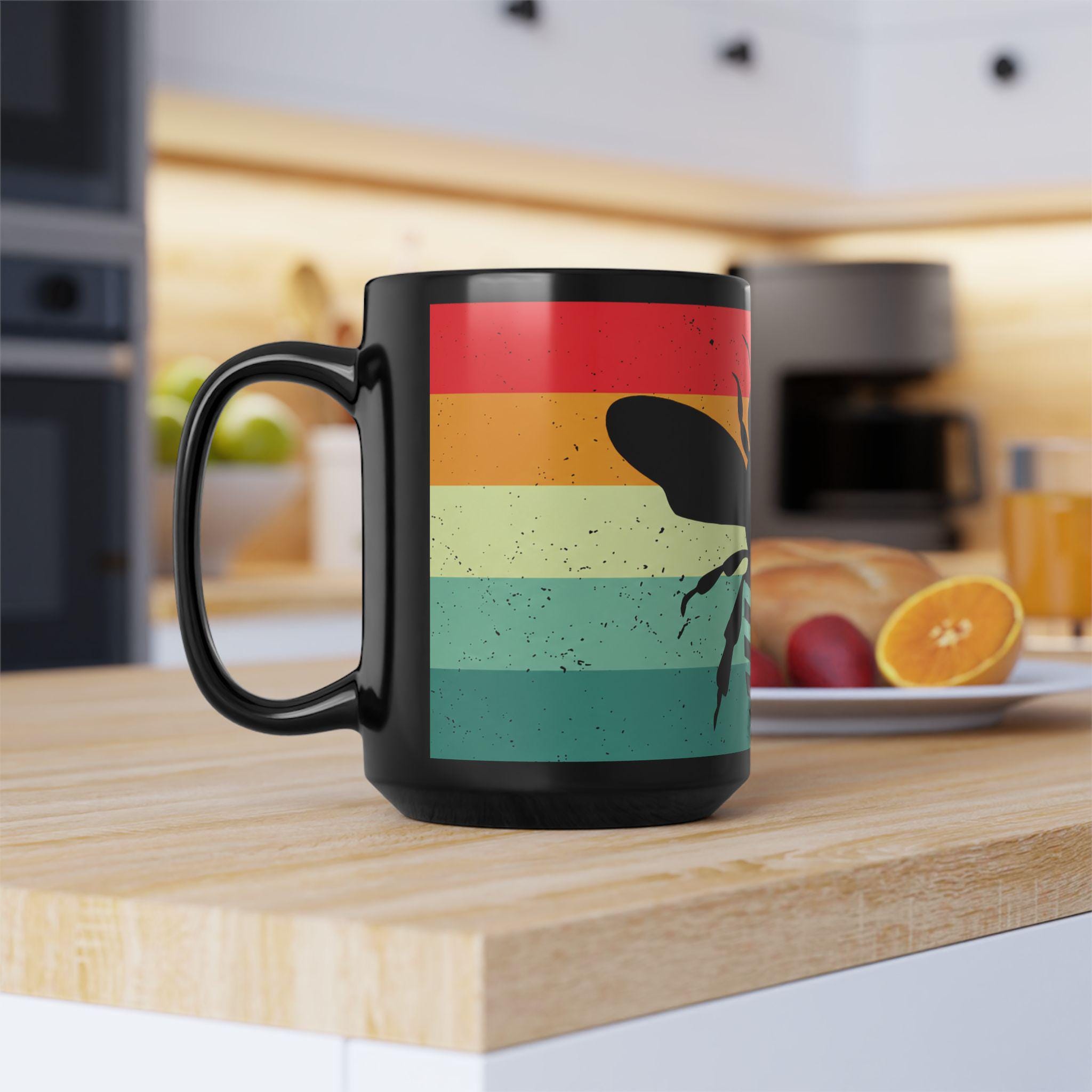 Retro Bee Silhouette Mug, 15oz Black Ceramic Coffee Cup, Vintage Stripes, Gift for Men