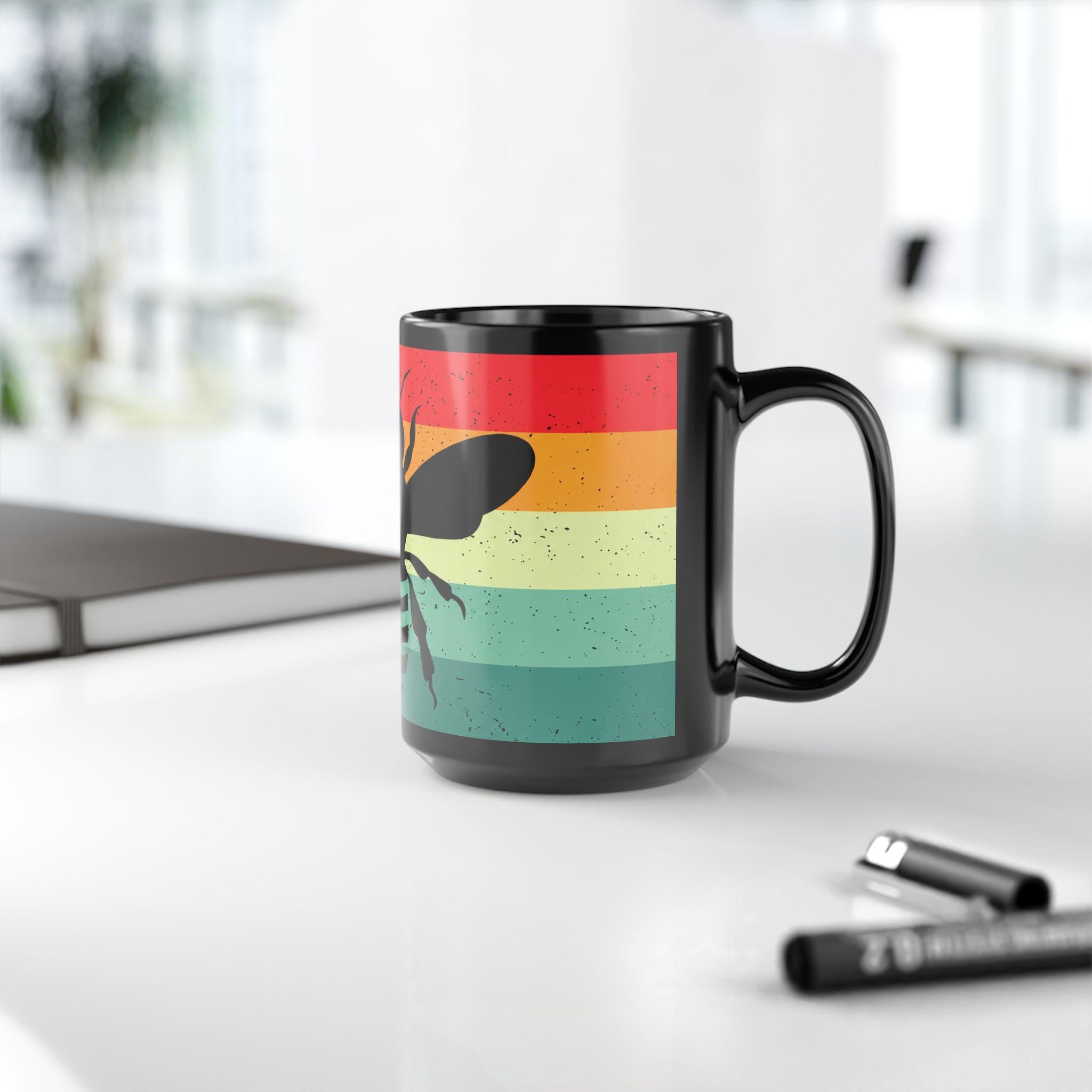 Retro Bee Silhouette Mug, 15oz Black Ceramic Coffee Cup, Vintage Stripes, Gift for Men