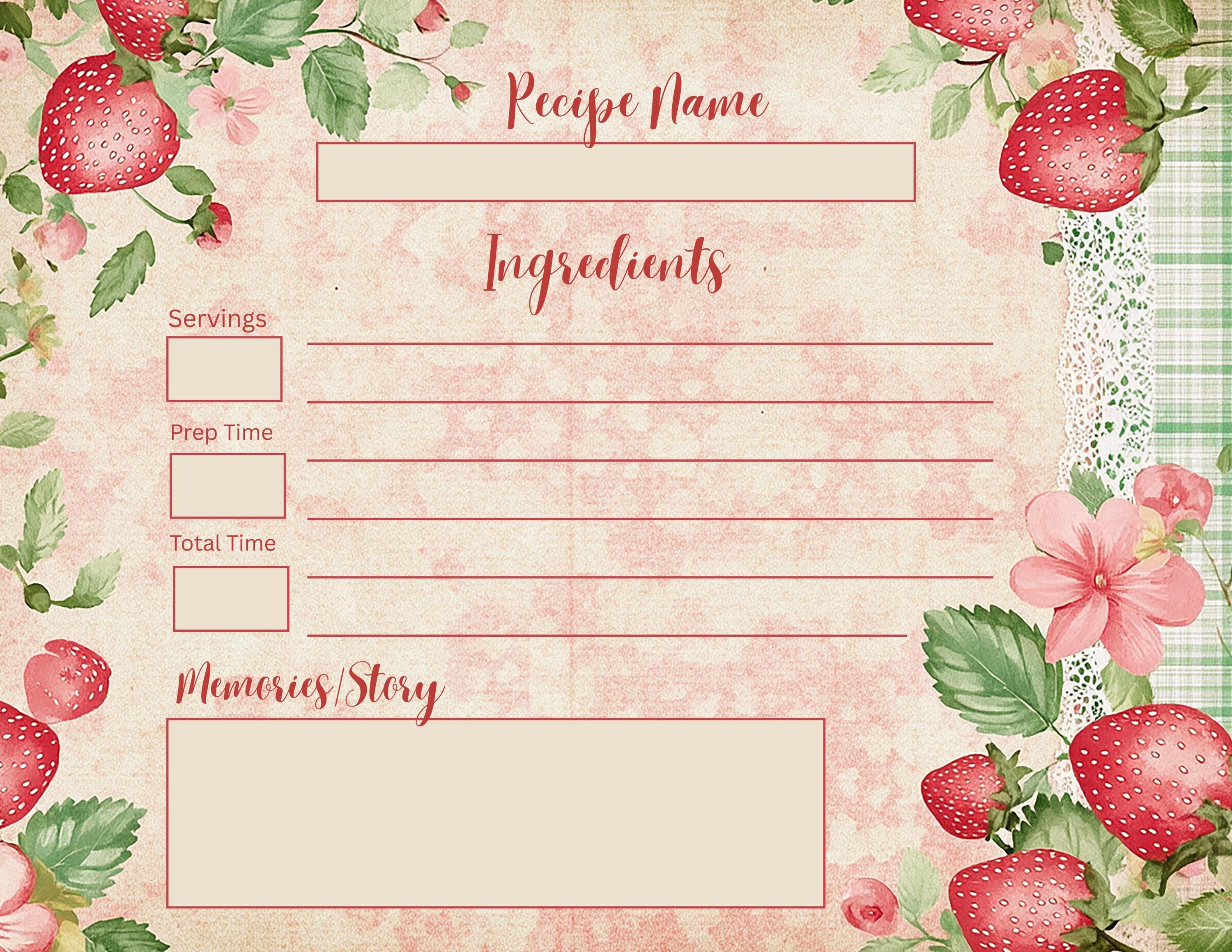 Strawberry Lane Recipe Cards: Printed Double Sided, Heirloom Baking Stationery Set, Botanical Print