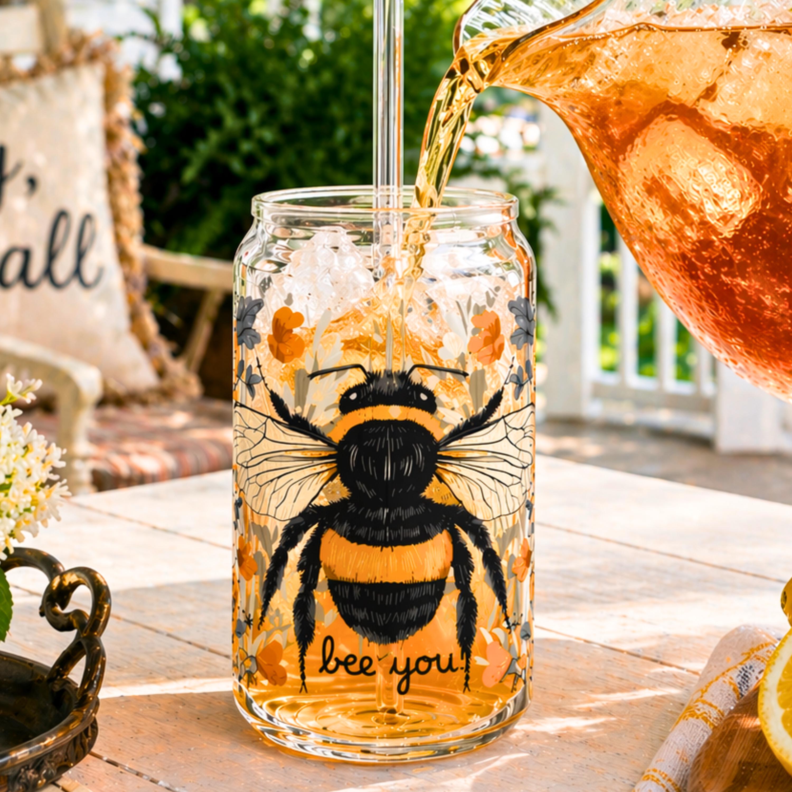 Bee You Glass Tumbler With Straw, Botanical Retro Drinkware, Cottagecore Farmhouse Gift Iced Coffee