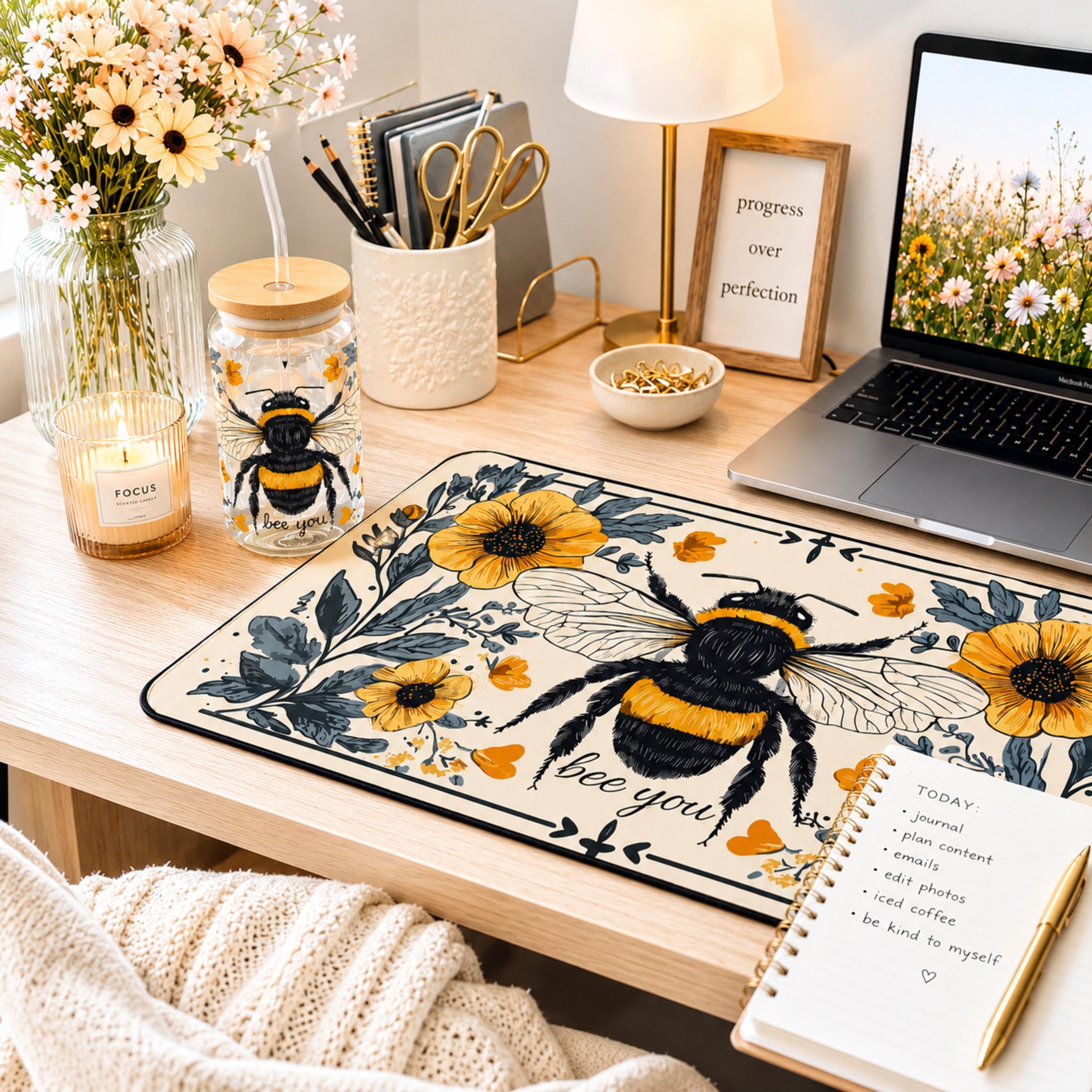 Bee You Botanical Desk Mat Mouse Pad, Floral Home Office Decor, Cottagecore Workspace