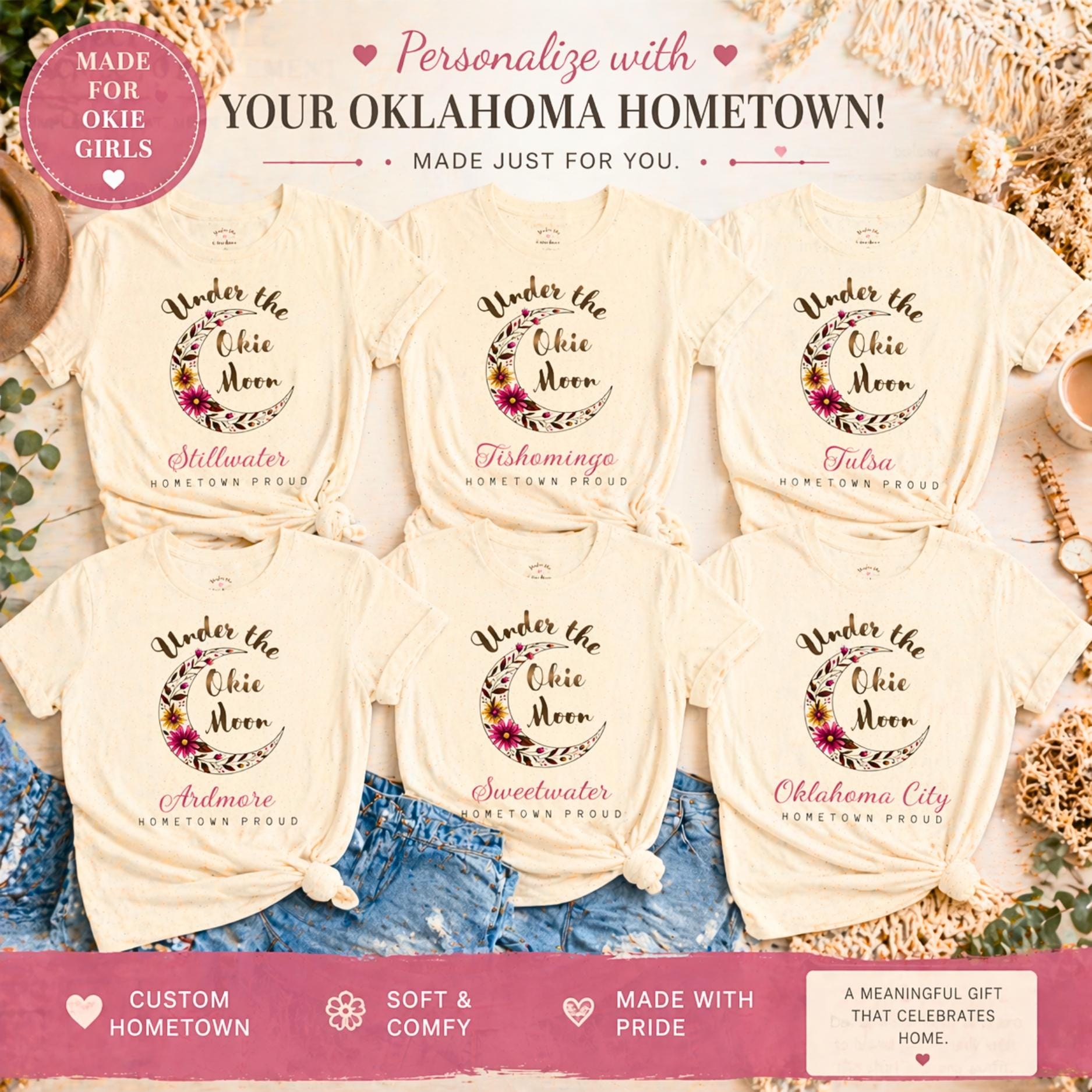 Oklahoma Personalized Tee, Custom Hometown Shirt, Okie Moon Graphic, Hometown Proud Gift