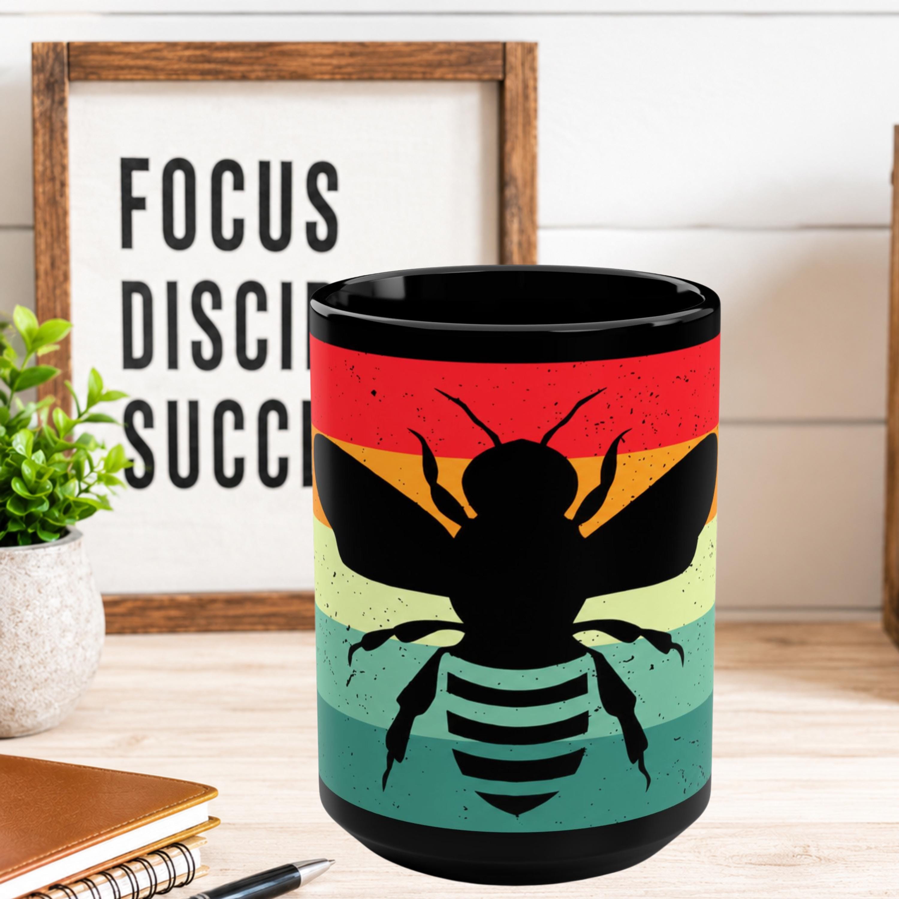Retro Bee Silhouette Mug, 15oz Black Ceramic Coffee Cup, Vintage Stripes, Gift for Men