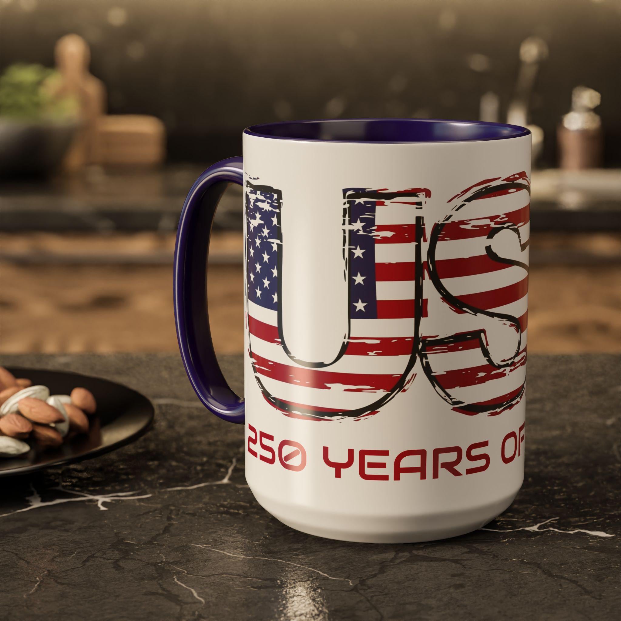 Patriotic USA Flag Coffee Mug, 250 Years of Freedom, Independence Gift for Veterans