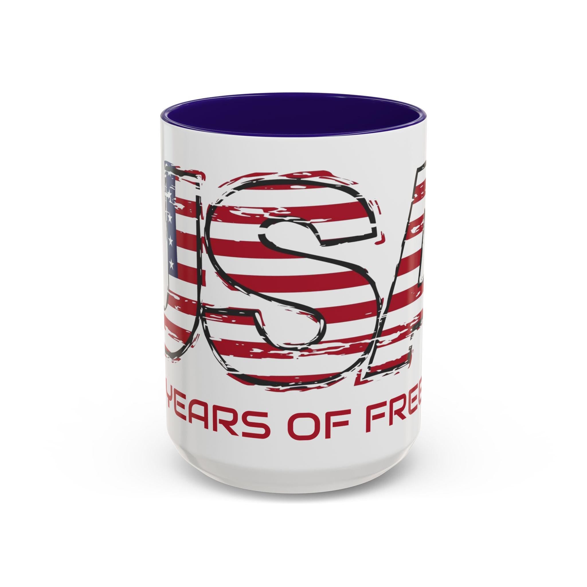 Patriotic USA Flag Coffee Mug, 250 Years of Freedom, Independence Gift for Veterans