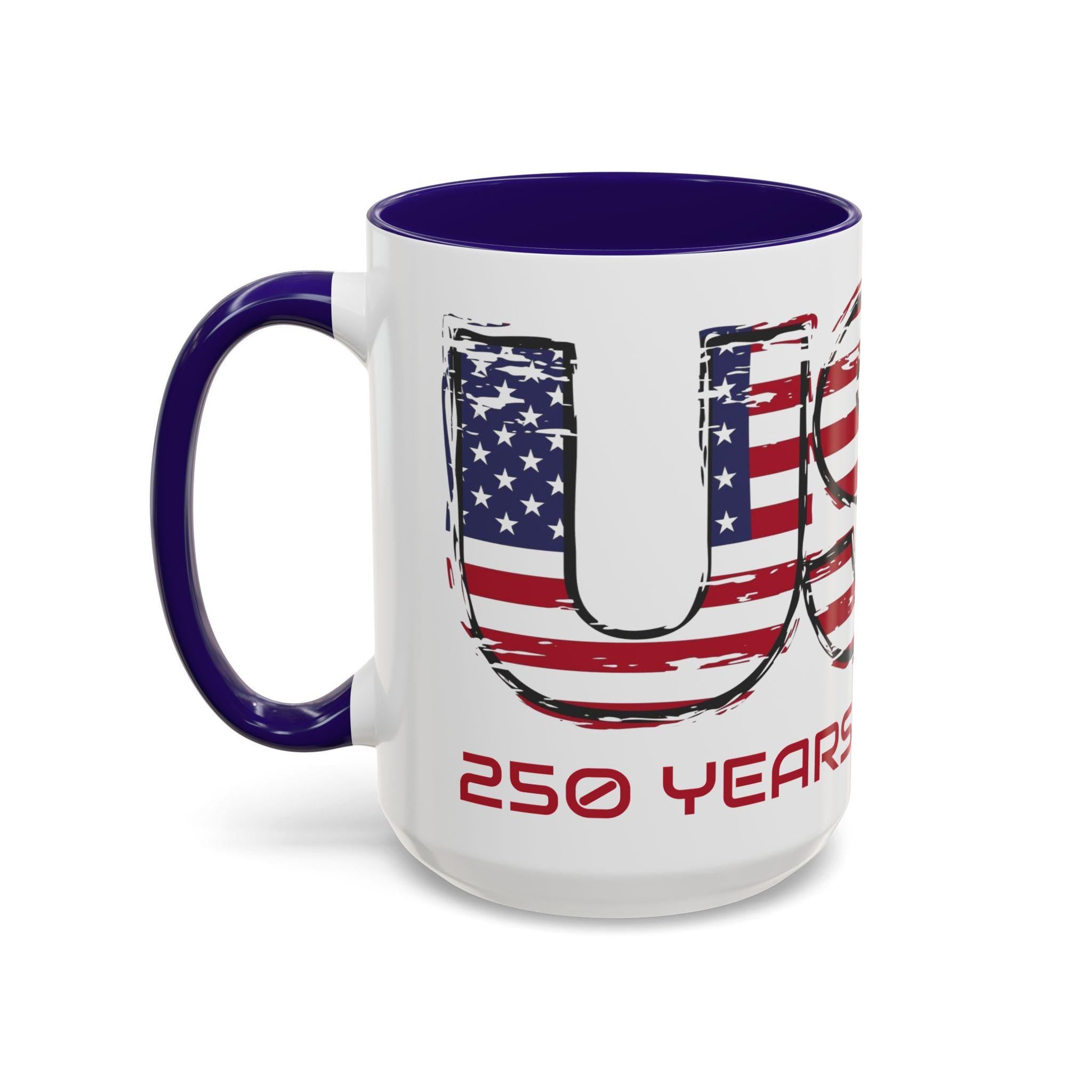Patriotic USA Flag Coffee Mug, 250 Years of Freedom, Independence Gift for Veterans