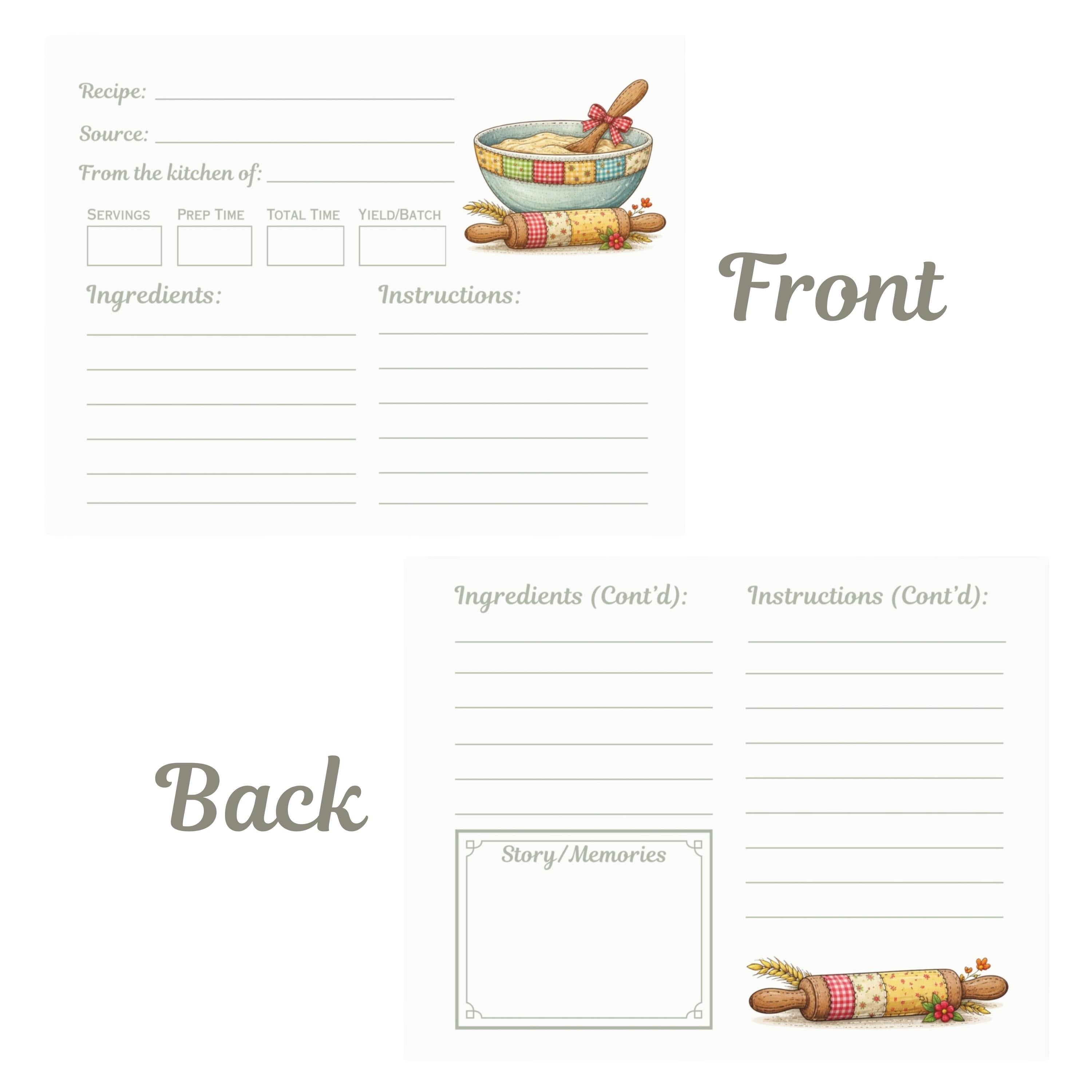 Patchwork Bowl Recipe Cards: Printed Double Sided, Homestead Kitchen Stationery Set, Farmhouse Decor