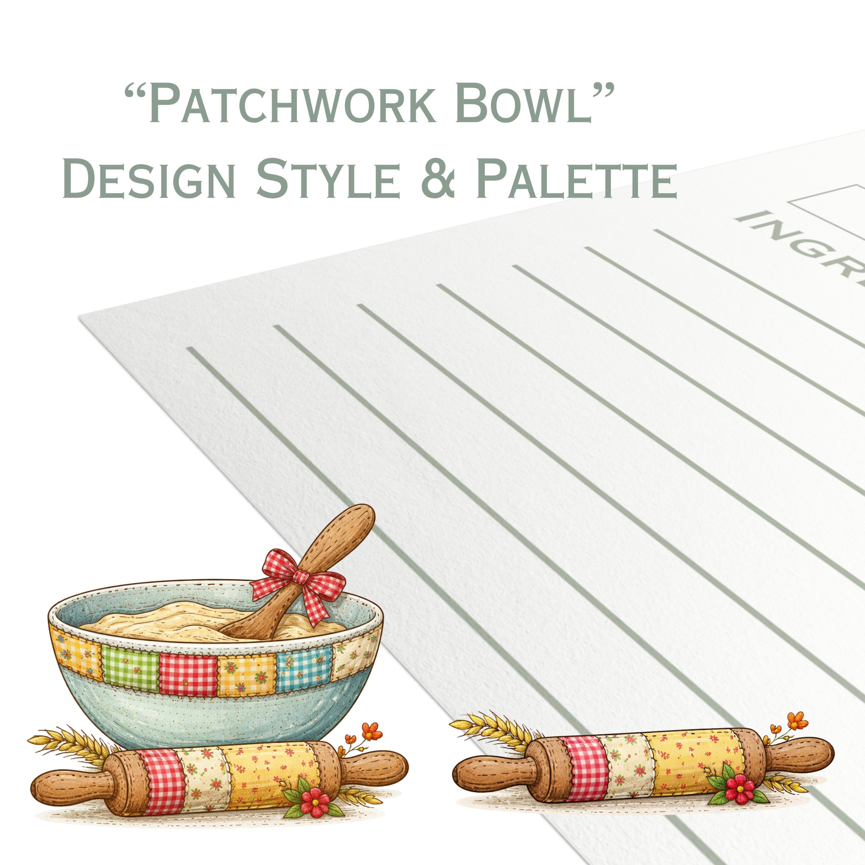 Patchwork Bowl Recipe Cards: Printed Double Sided, Homestead Kitchen Stationery Set, Farmhouse Decor