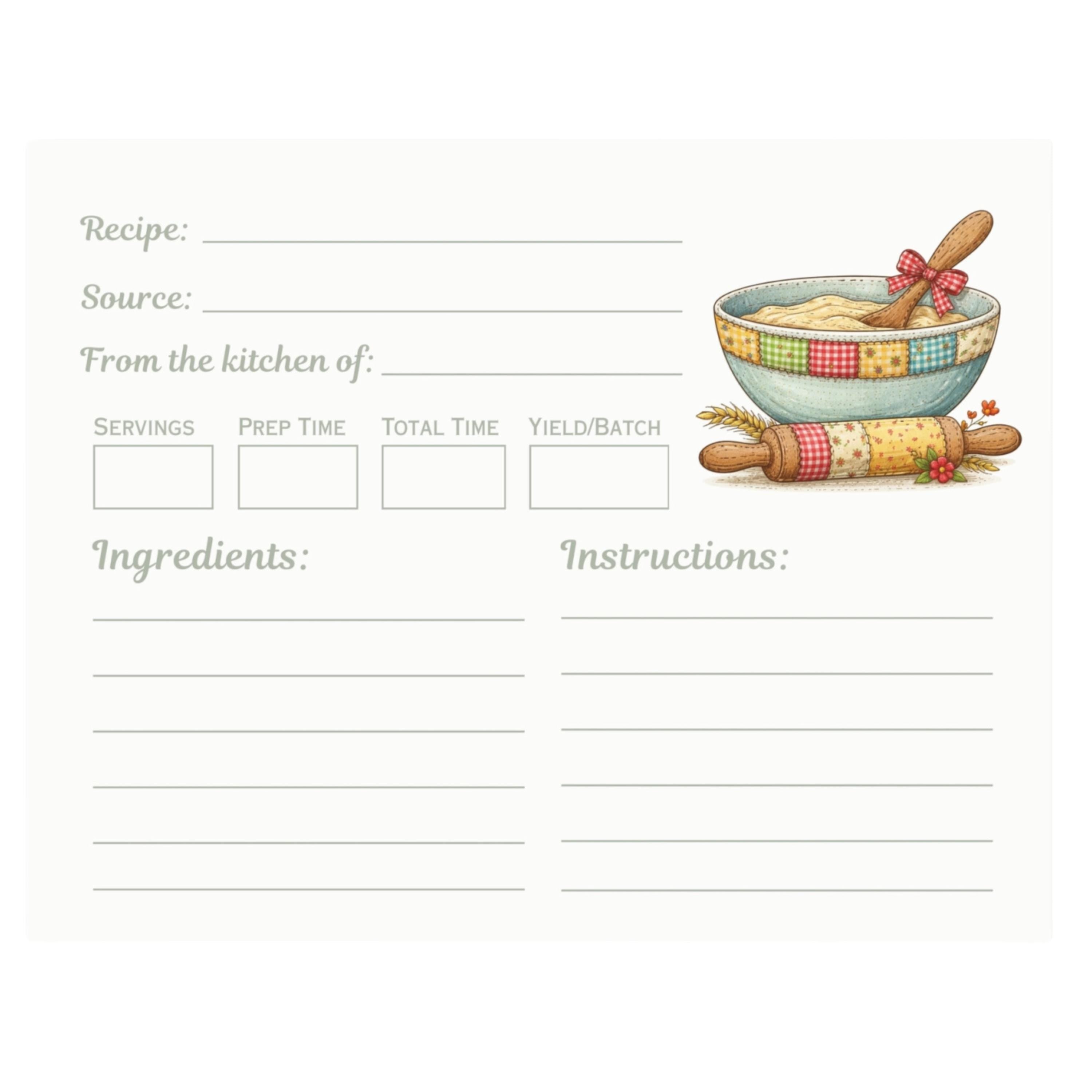 Patchwork Bowl Recipe Cards: Printed Double Sided, Homestead Kitchen Stationery Set, Farmhouse Decor