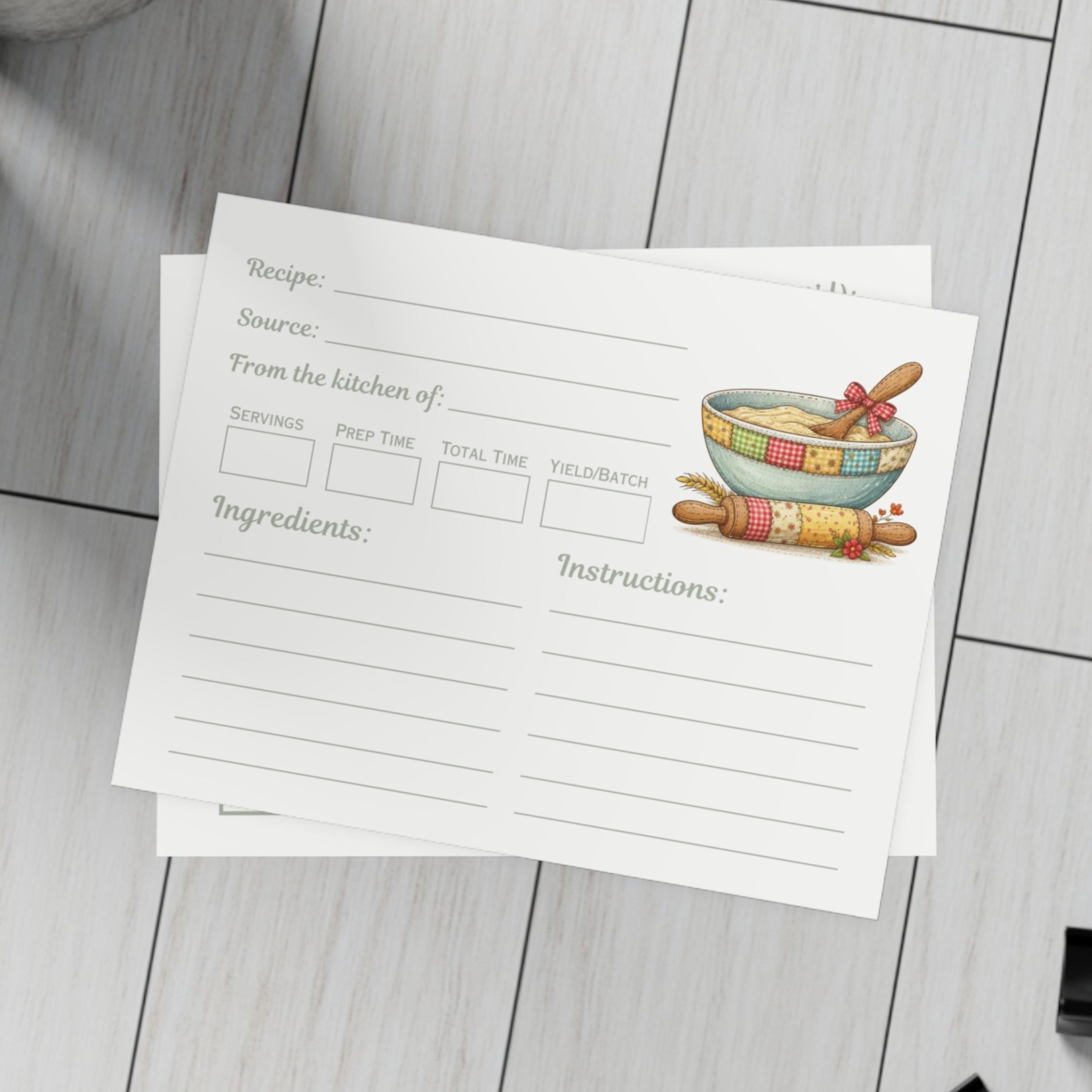 Patchwork Bowl Recipe Cards: Printed Double Sided, Homestead Kitchen Stationery Set, Farmhouse Decor
