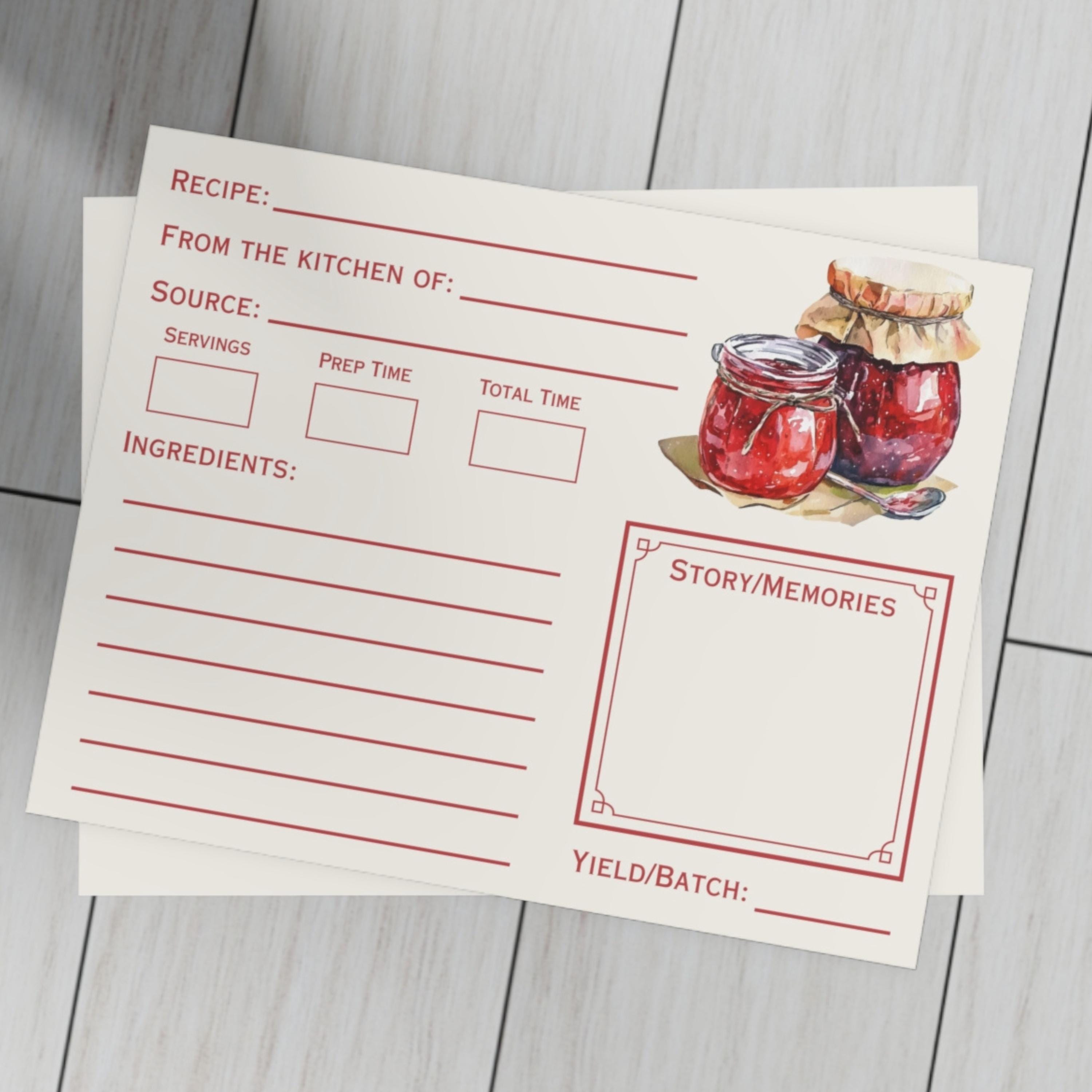 Raspberry Jam Recipe Cards: Farmhouse Style, Vintage Kitchen Decor, Canning Notes