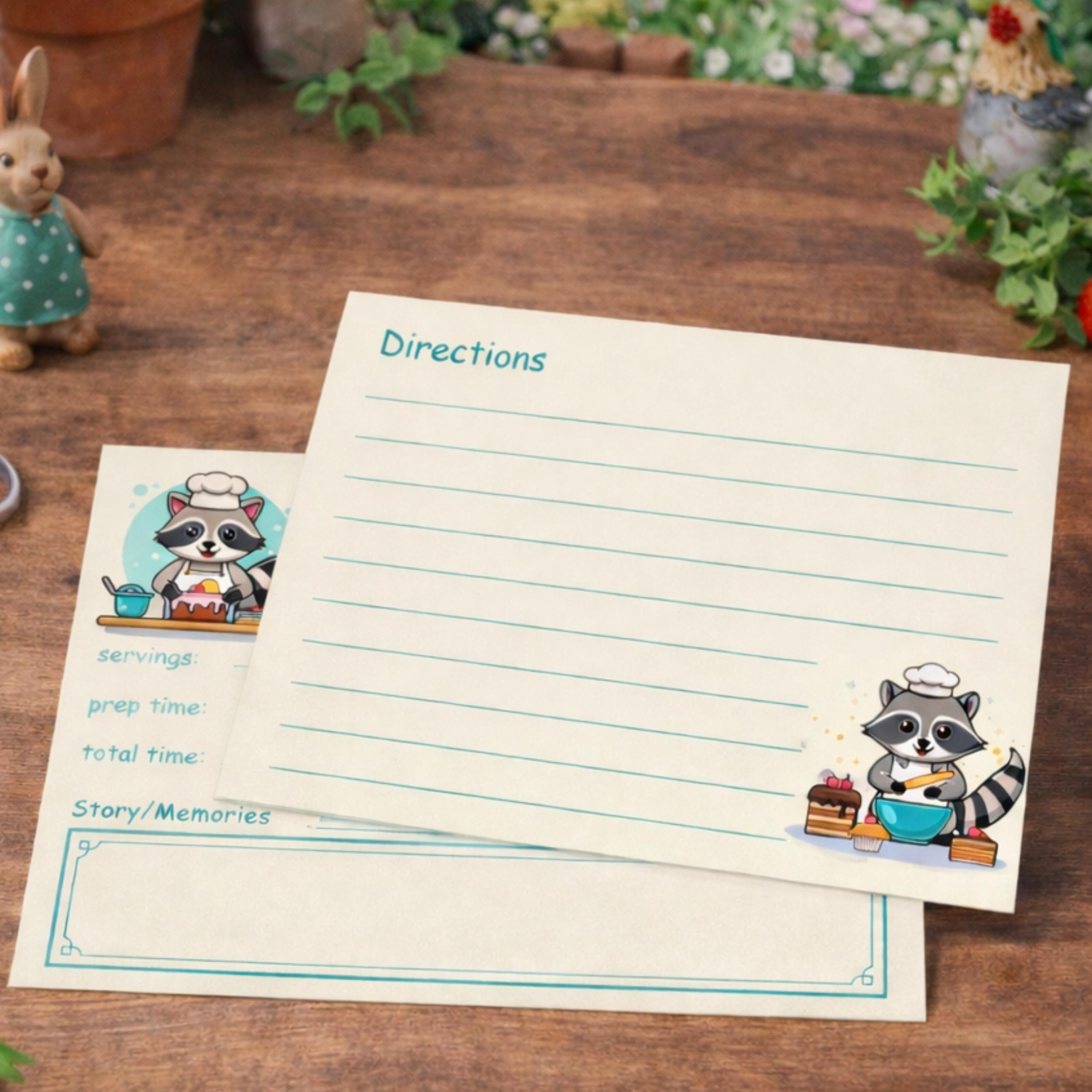 Raccoon Chef Printed Recipe Cards: Double Sided Woodland Baking Stationery Set, Animal Kitchen Decor