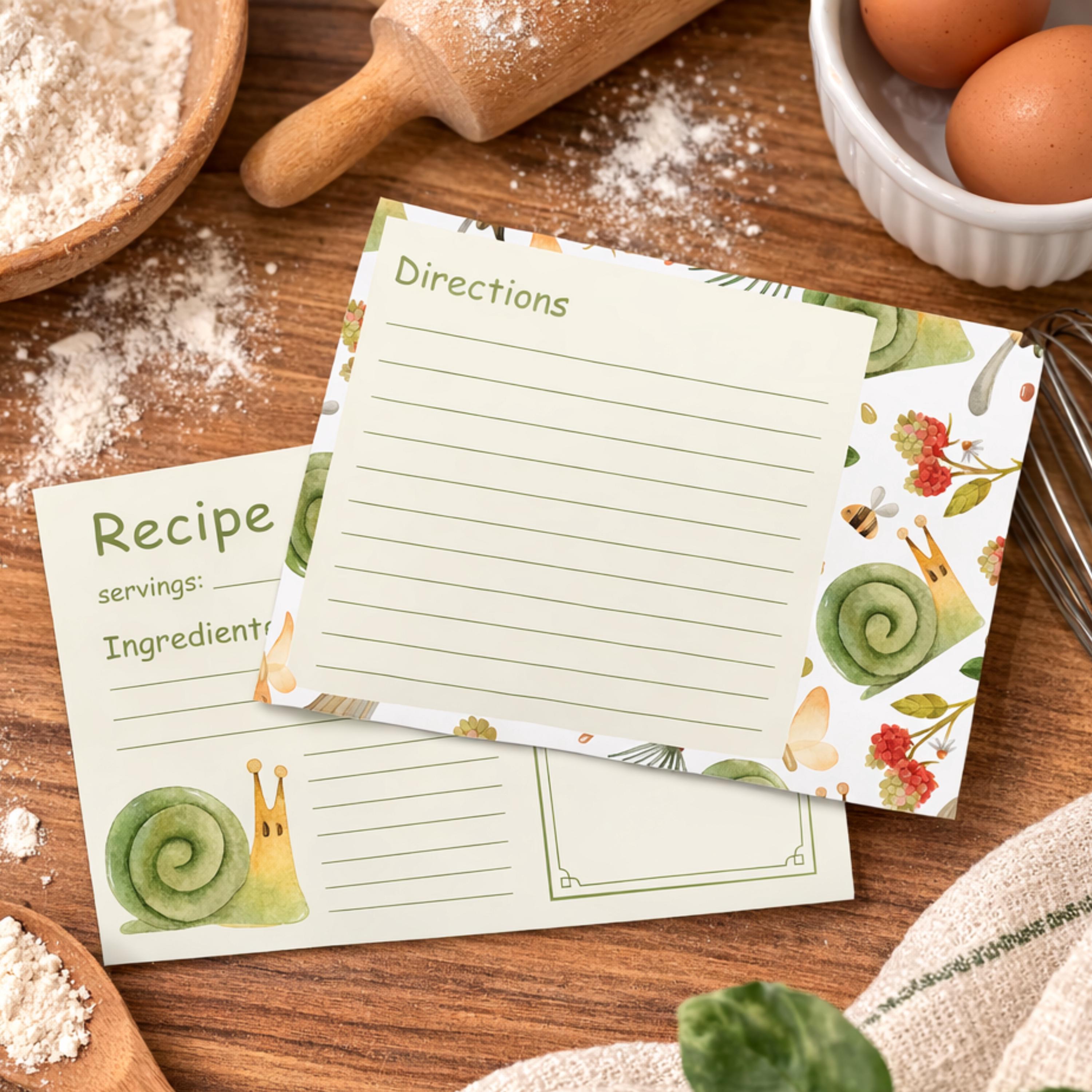 Whimsical Snail Recipe Cards: Garden Kitchen Gift, Cottagecore Decor