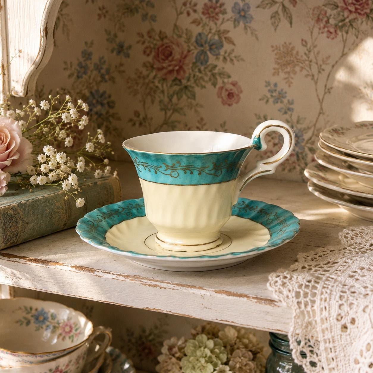 Shafford Demitasse Cup Saucer Set Turquoise Gold Hand Painted Espresso Collector Vintage Porcelain