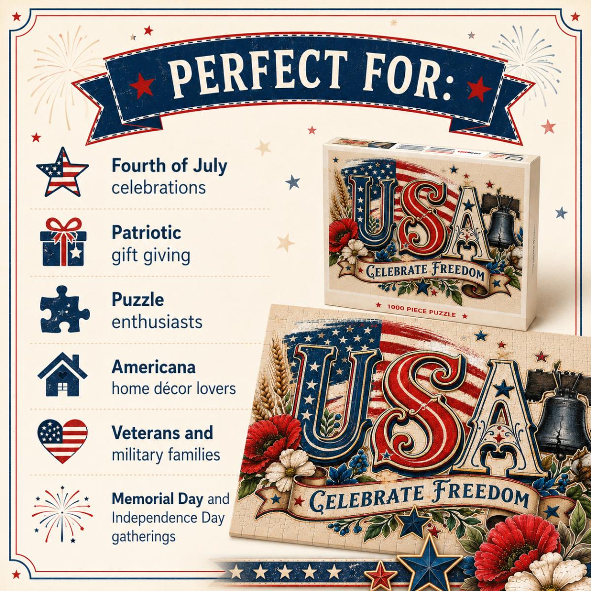 USA 250 Patriotic Puzzle, American Flag Jigsaw, Fourth of July Gift, Americana Decor