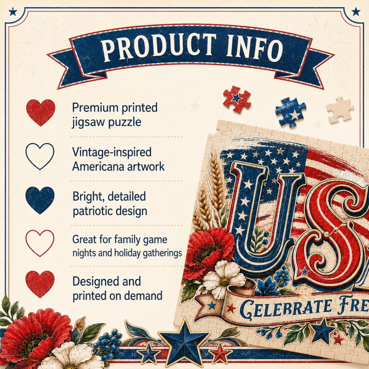 USA 250 Patriotic Puzzle, American Flag Jigsaw, Fourth of July Gift, Americana Decor