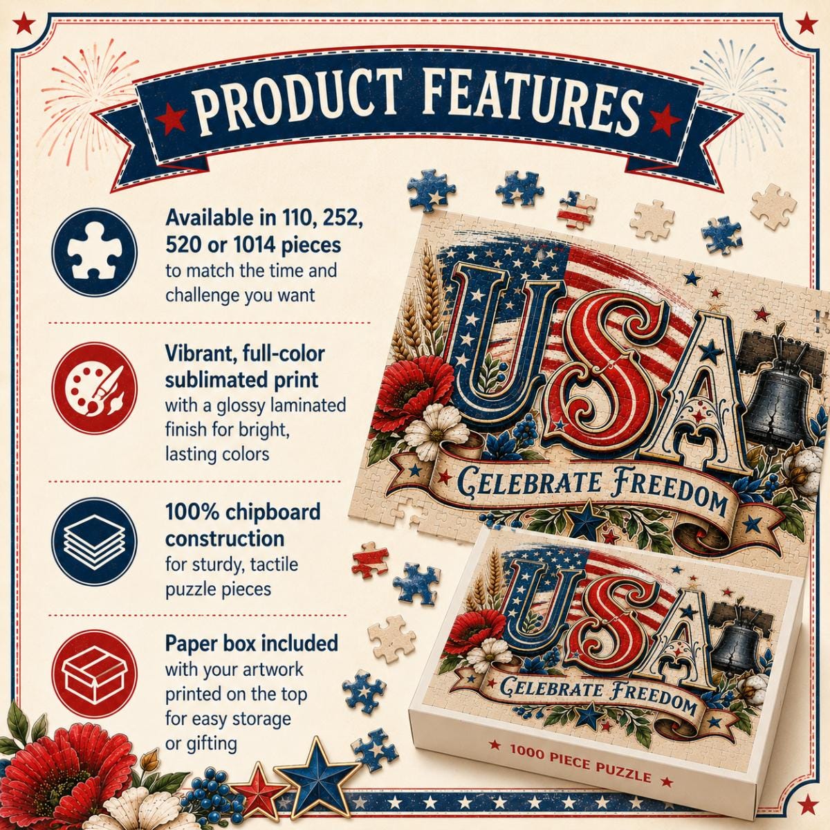 USA 250 Patriotic Puzzle, American Flag Jigsaw, Fourth of July Gift, Americana Decor