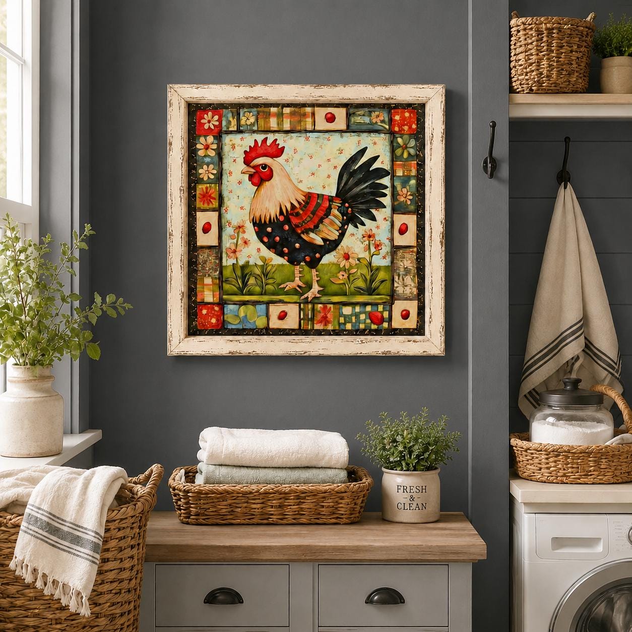 Farmhouse Rooster Wall Art Folk Print Country Kitchen Poster Rustic Cottage Decor Square Gallery