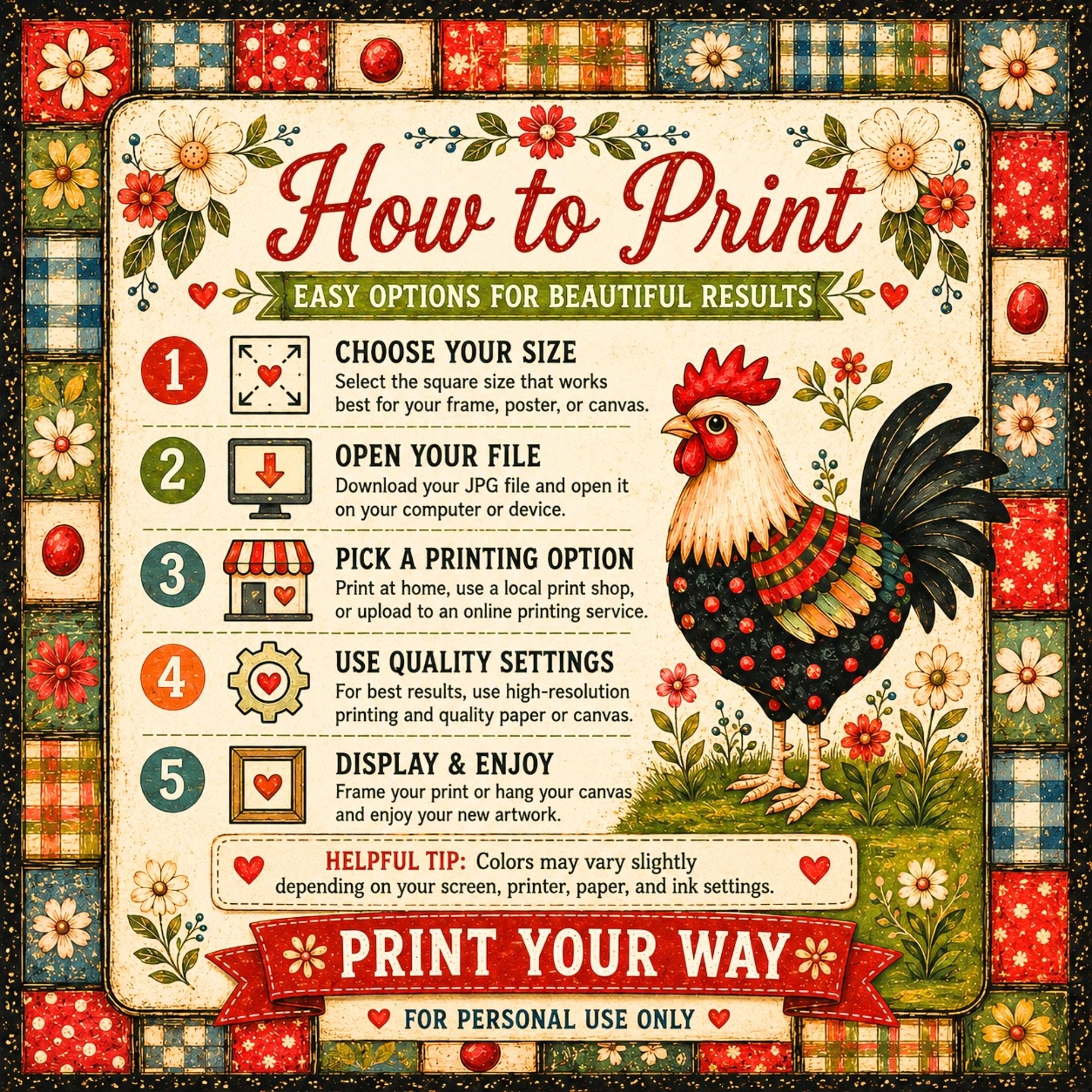 Farmhouse Rooster Digital Download Folk Art Print Country Kitchen Wall Decor Square Poster