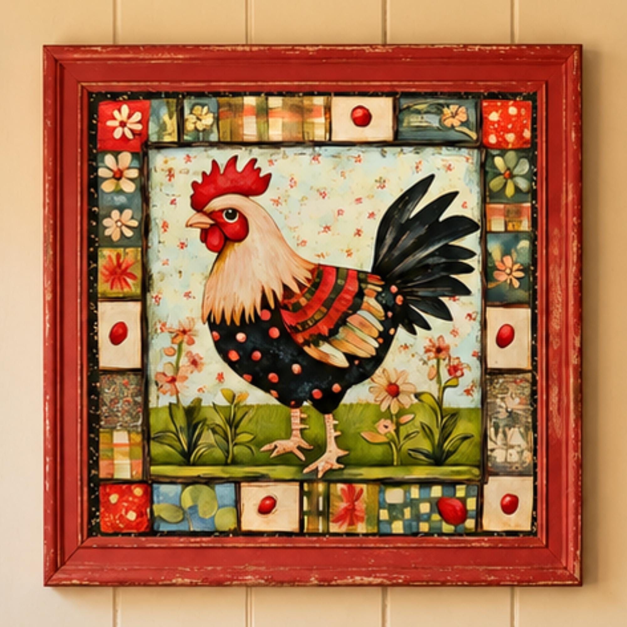 Farmhouse Rooster Digital Download Folk Art Print Country Kitchen Wall Decor Square Poster