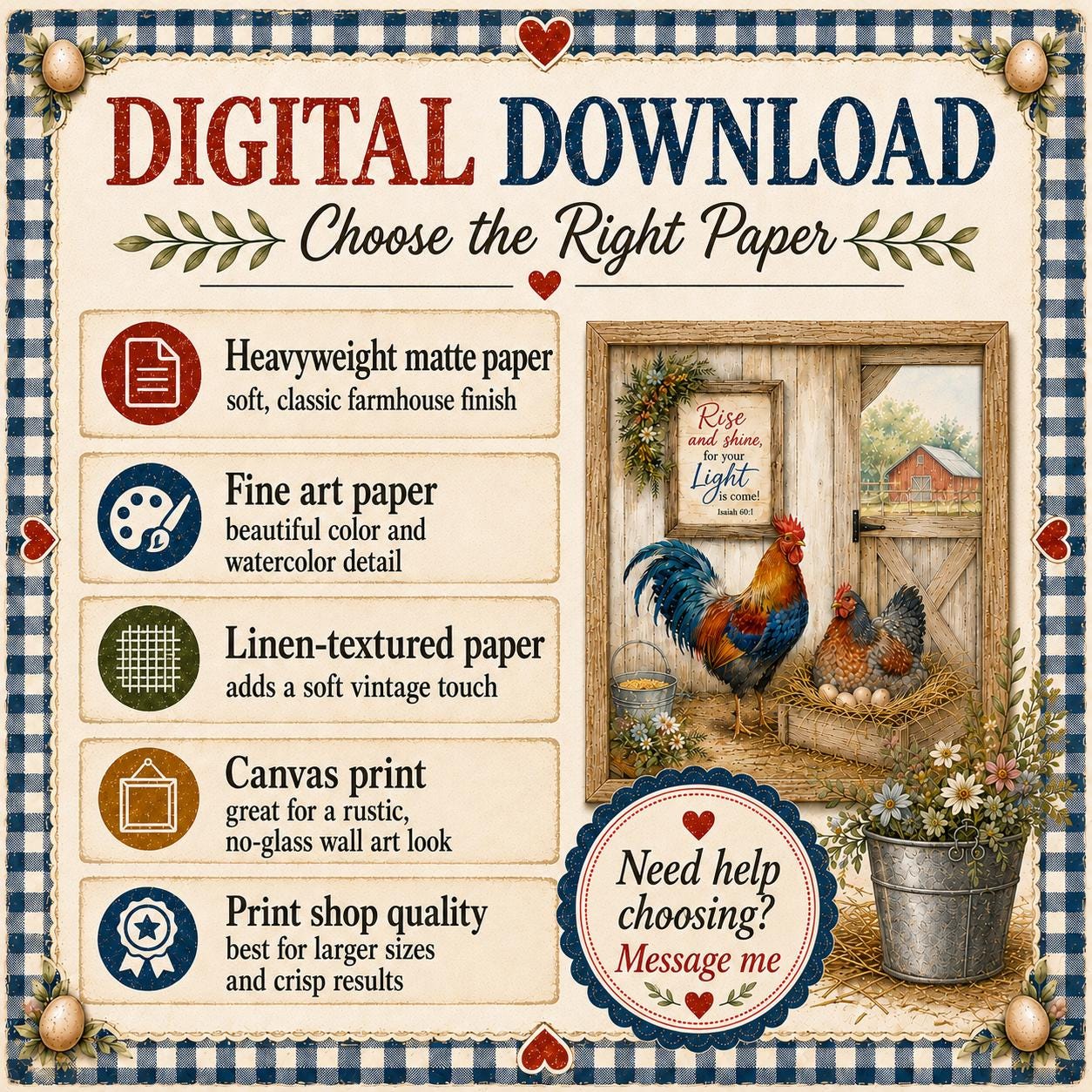 Christian Rooster Wall Art Farmhouse Hen Printable Barnyard Coop Decor Isaiah Verse Download