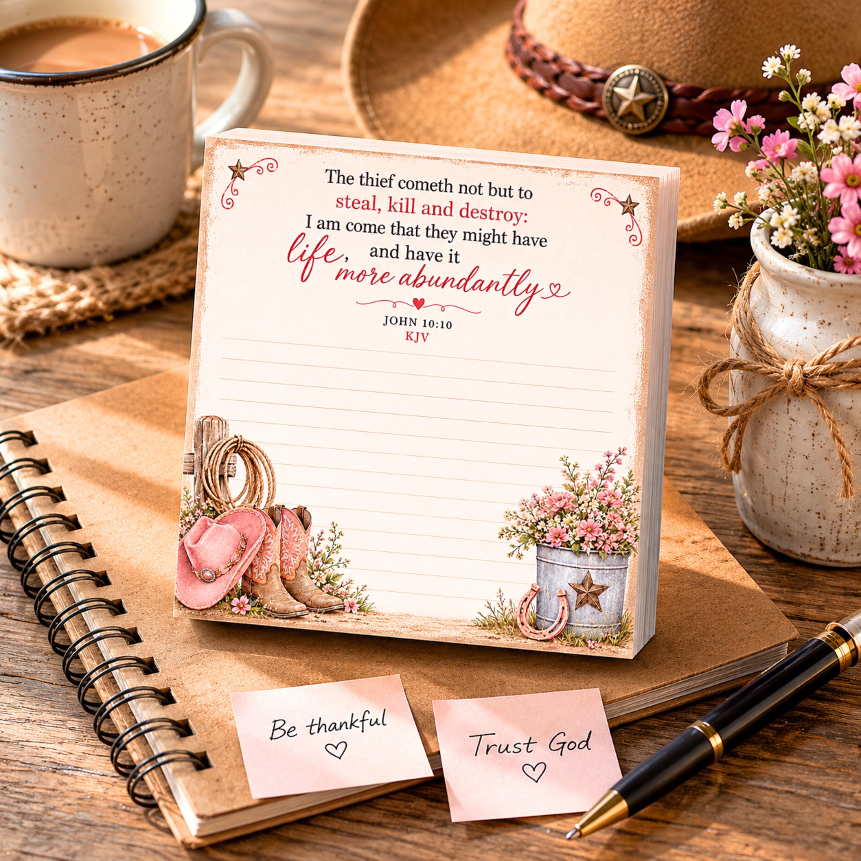 Faith Cowgirl Sticky Notes, Post-it Note Pad,  Life More Abundantly Inspirational Bible Verse Stationery