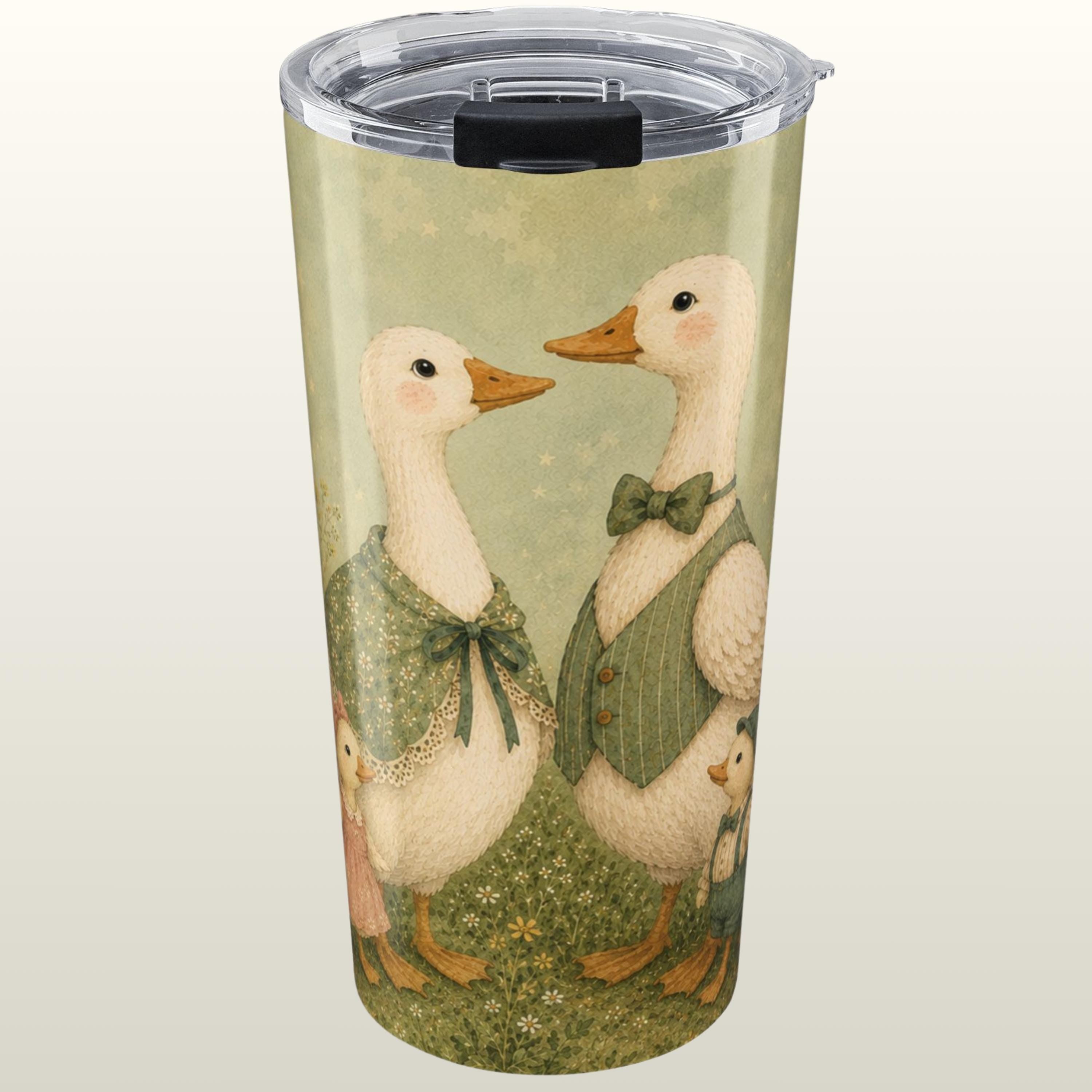 Vintage Duck Family Floral Meadow Tumbler 20oz, Watercolor Whimsical Drinkware