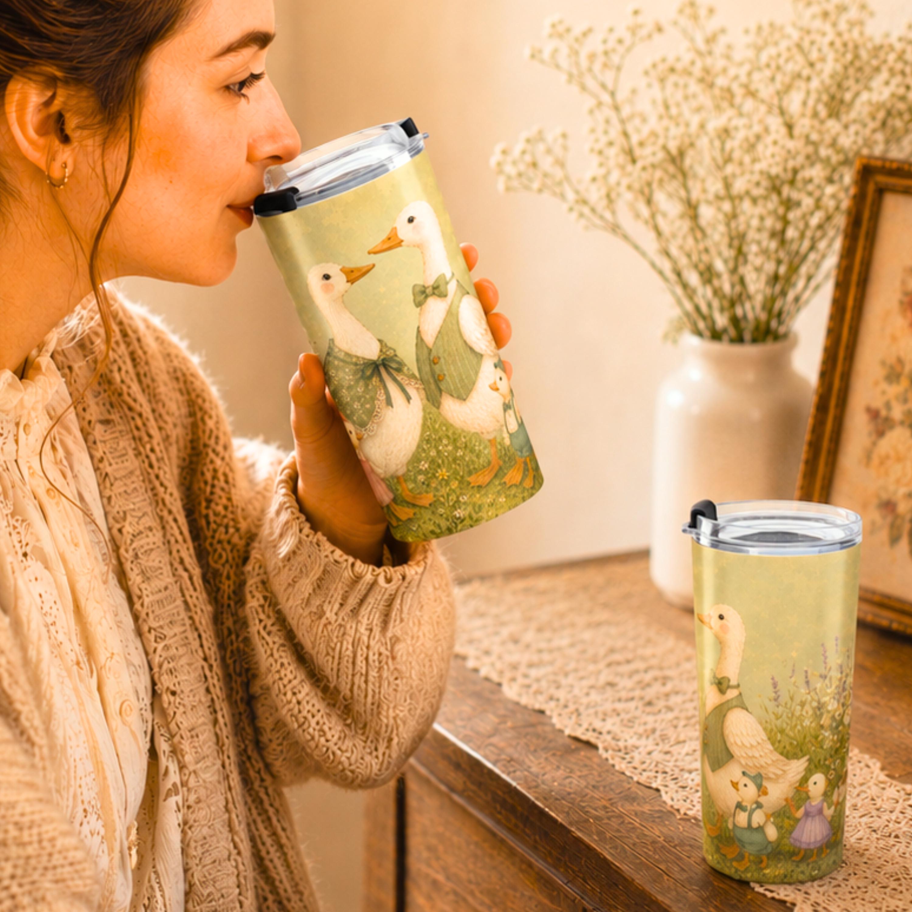 Vintage Duck Family Floral Meadow Tumbler 20oz, Watercolor Whimsical Drinkware
