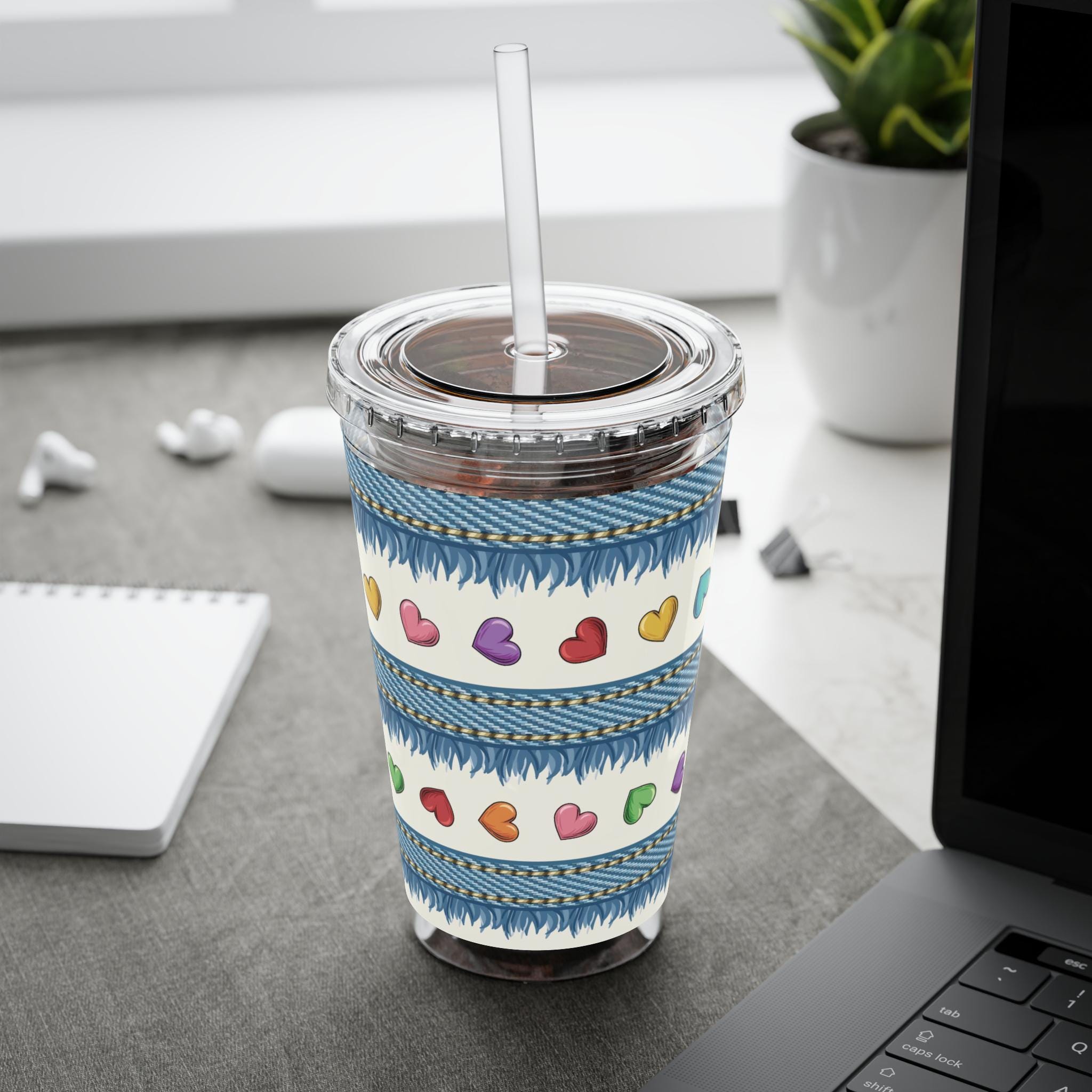 Denim Hearts Sunsplash Tumbler with Straw 16oz, Summer Acrylic Water Cup